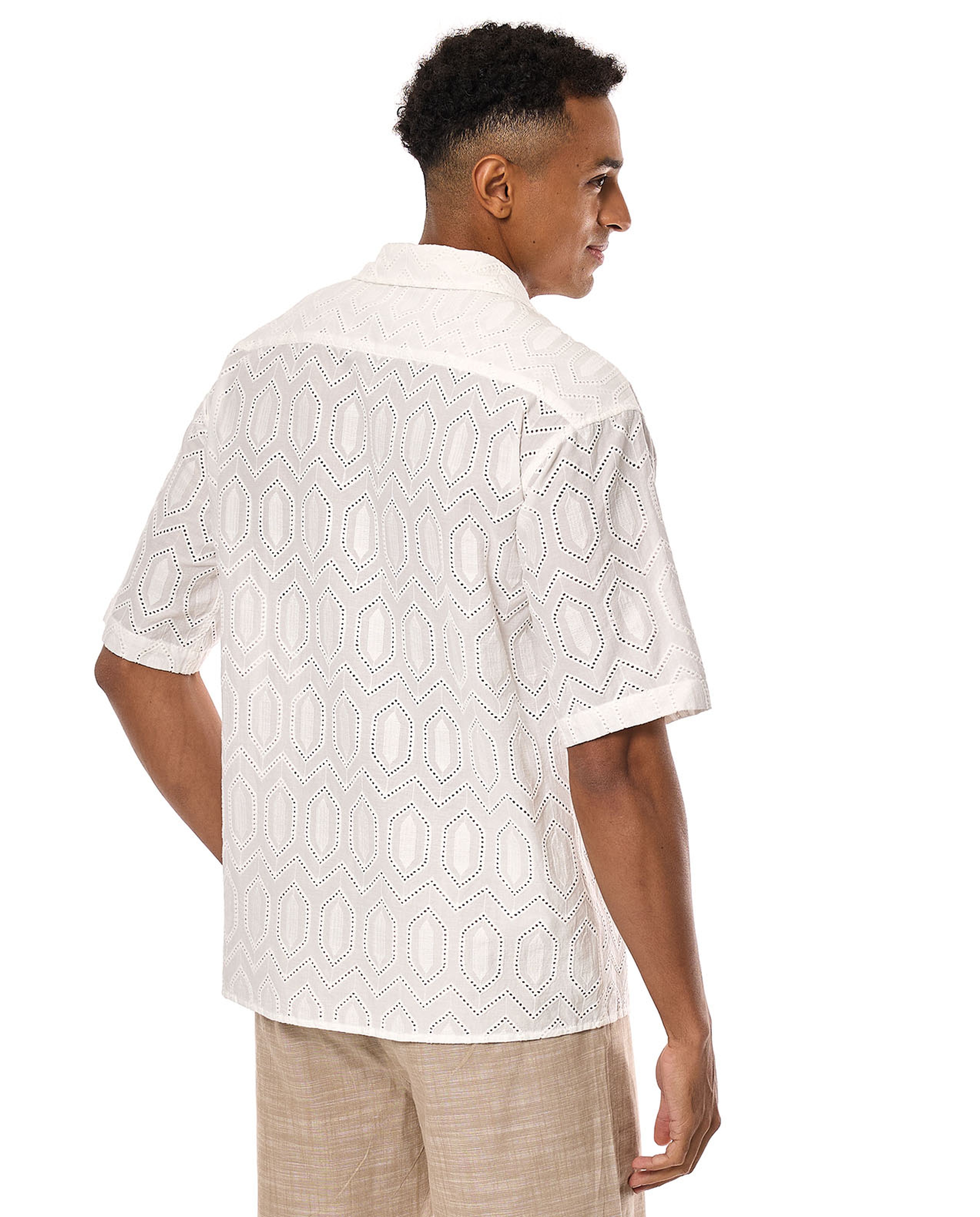 Openwork Shirt with Revere Collar and Short Sleeves
