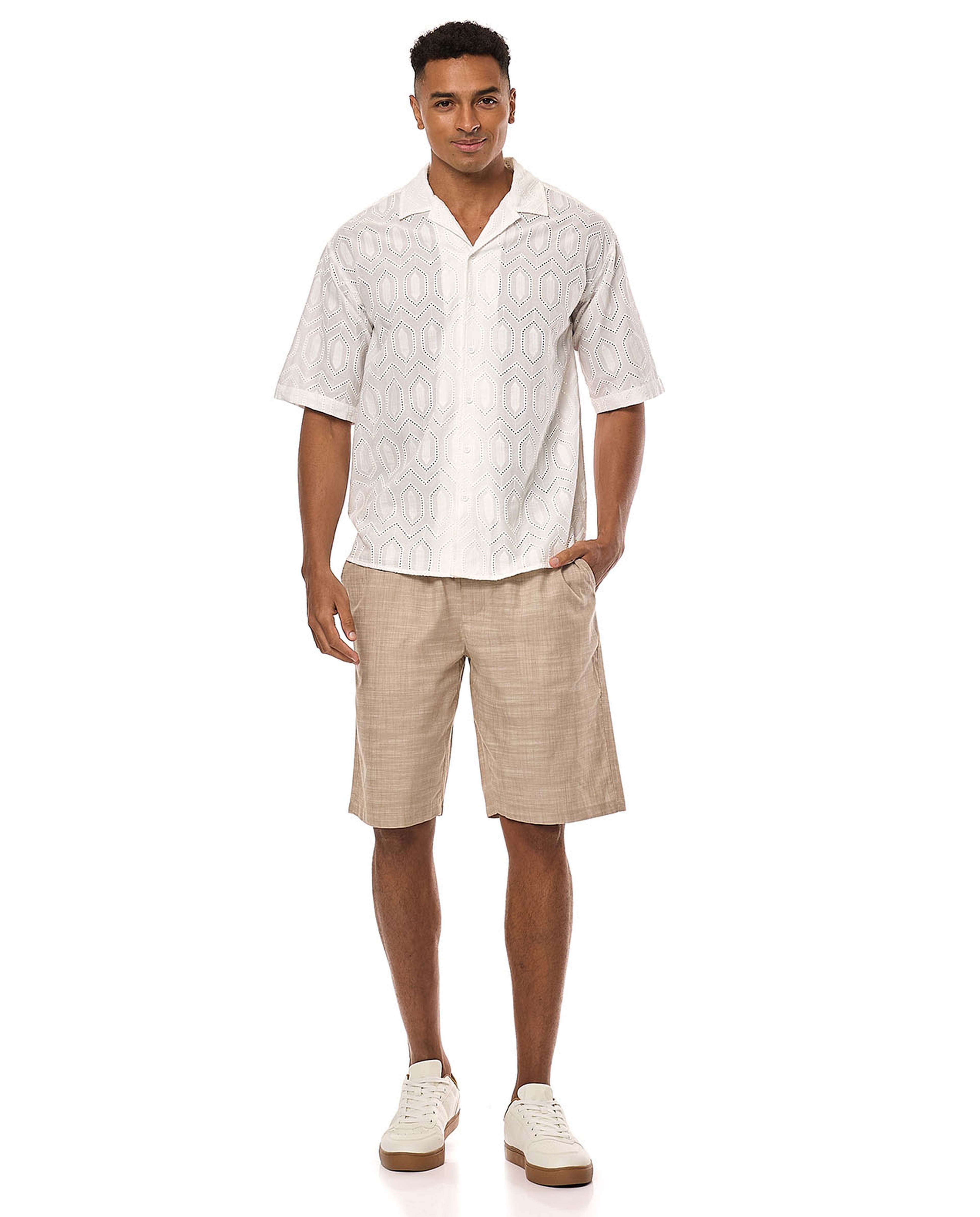 Openwork Shirt with Revere Collar and Short Sleeves