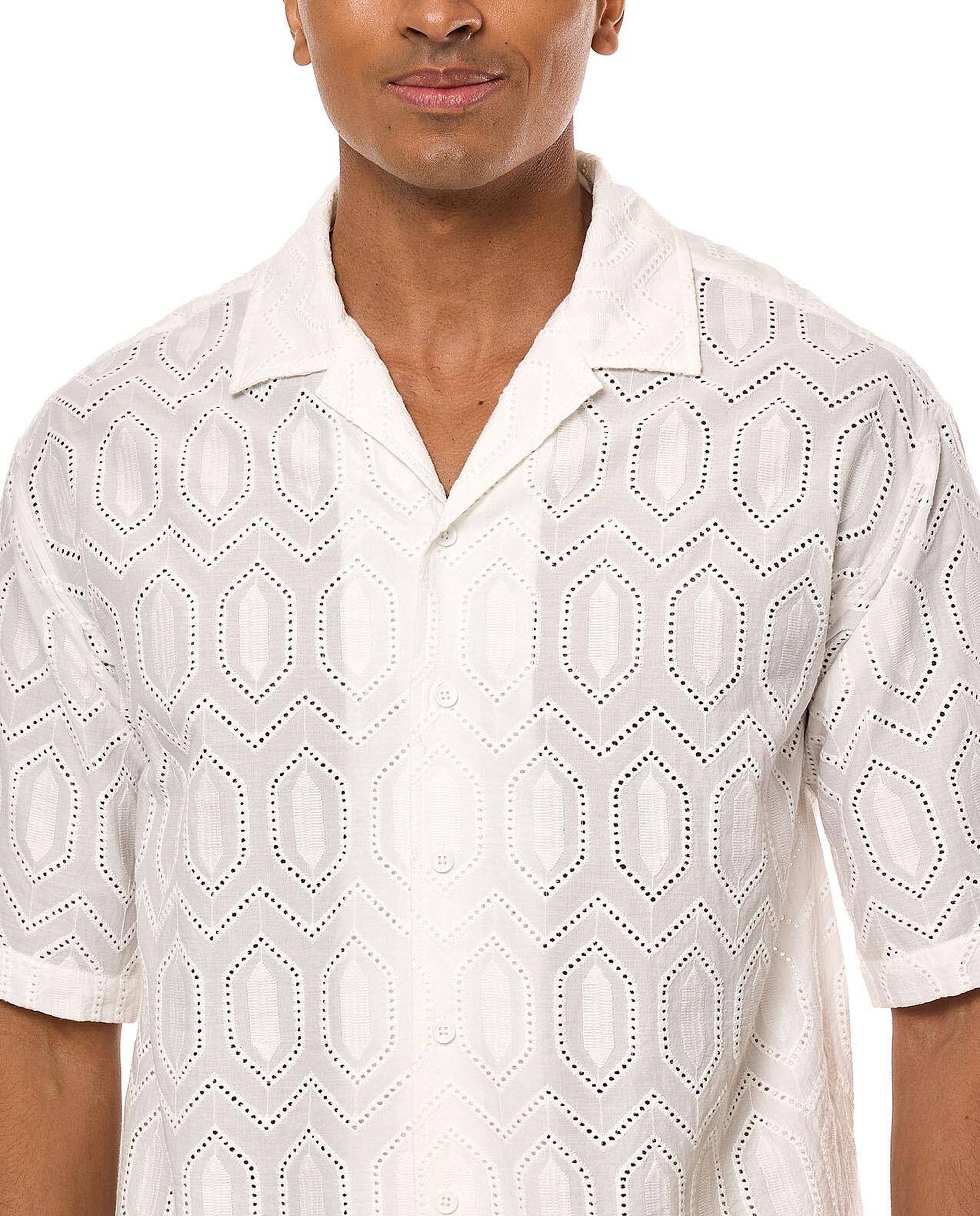 Openwork Shirt with Revere Collar and Short Sleeves
