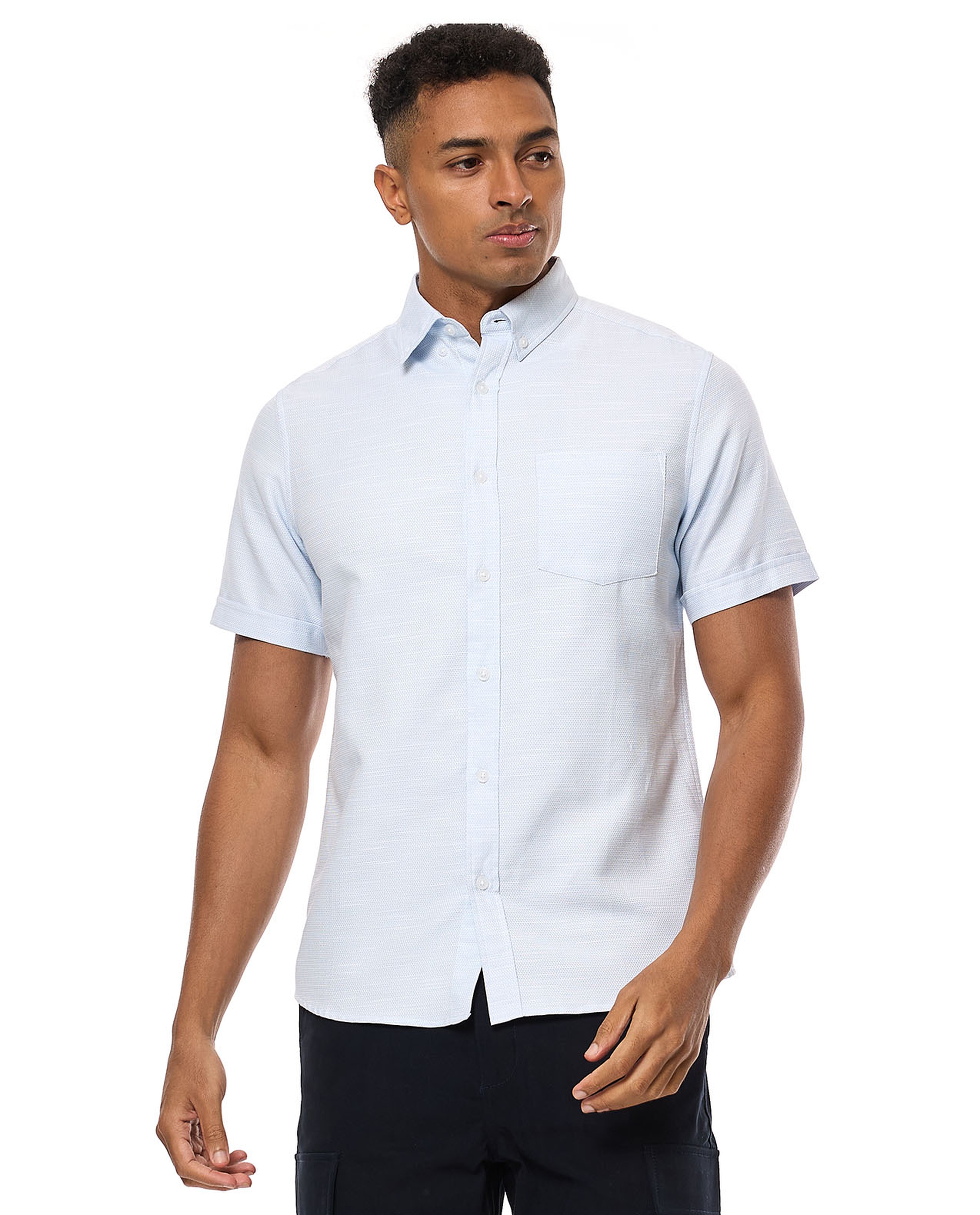 Textured Shirt with Button-Down Collar and Short Sleeves