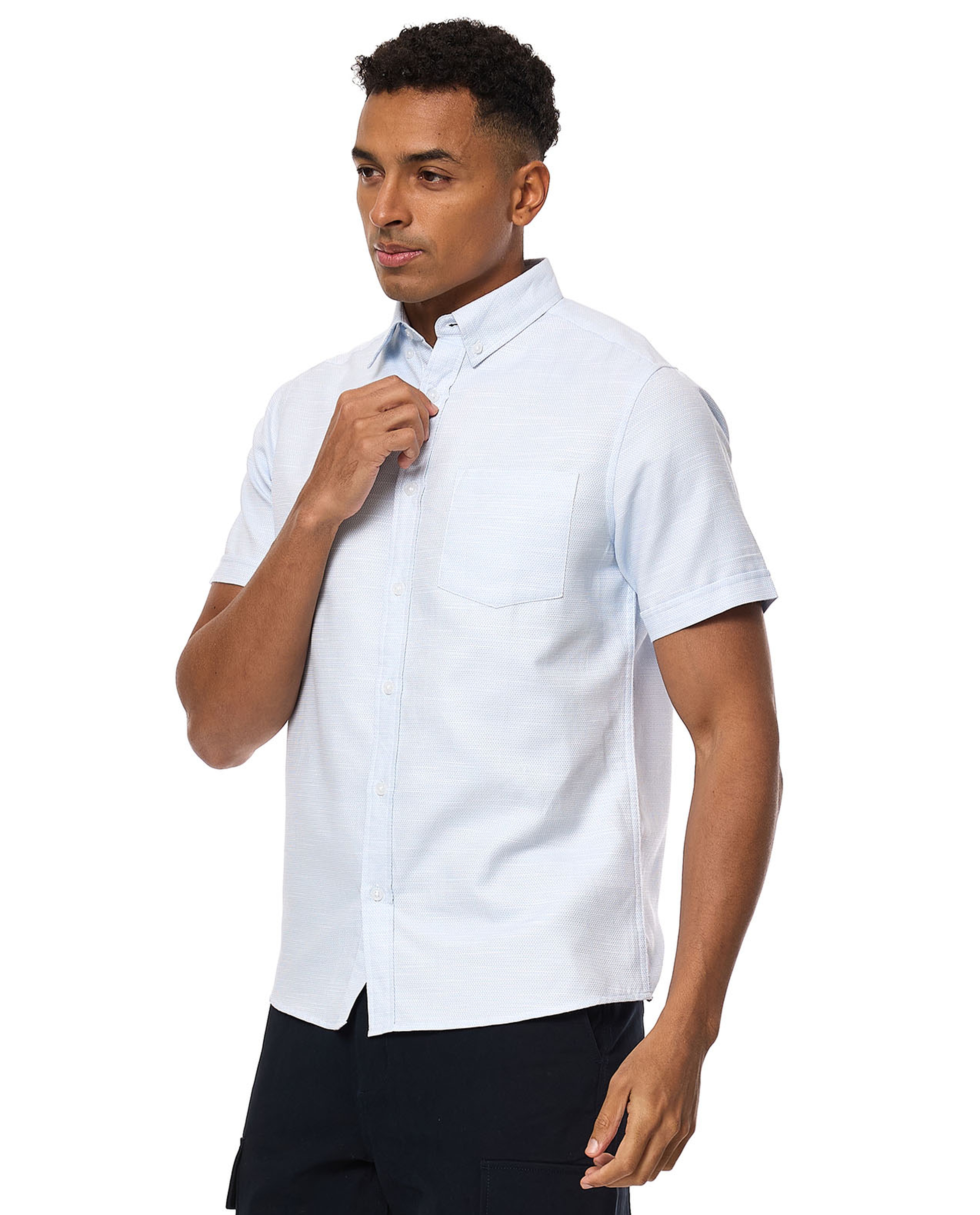Textured Shirt with Button-Down Collar and Short Sleeves