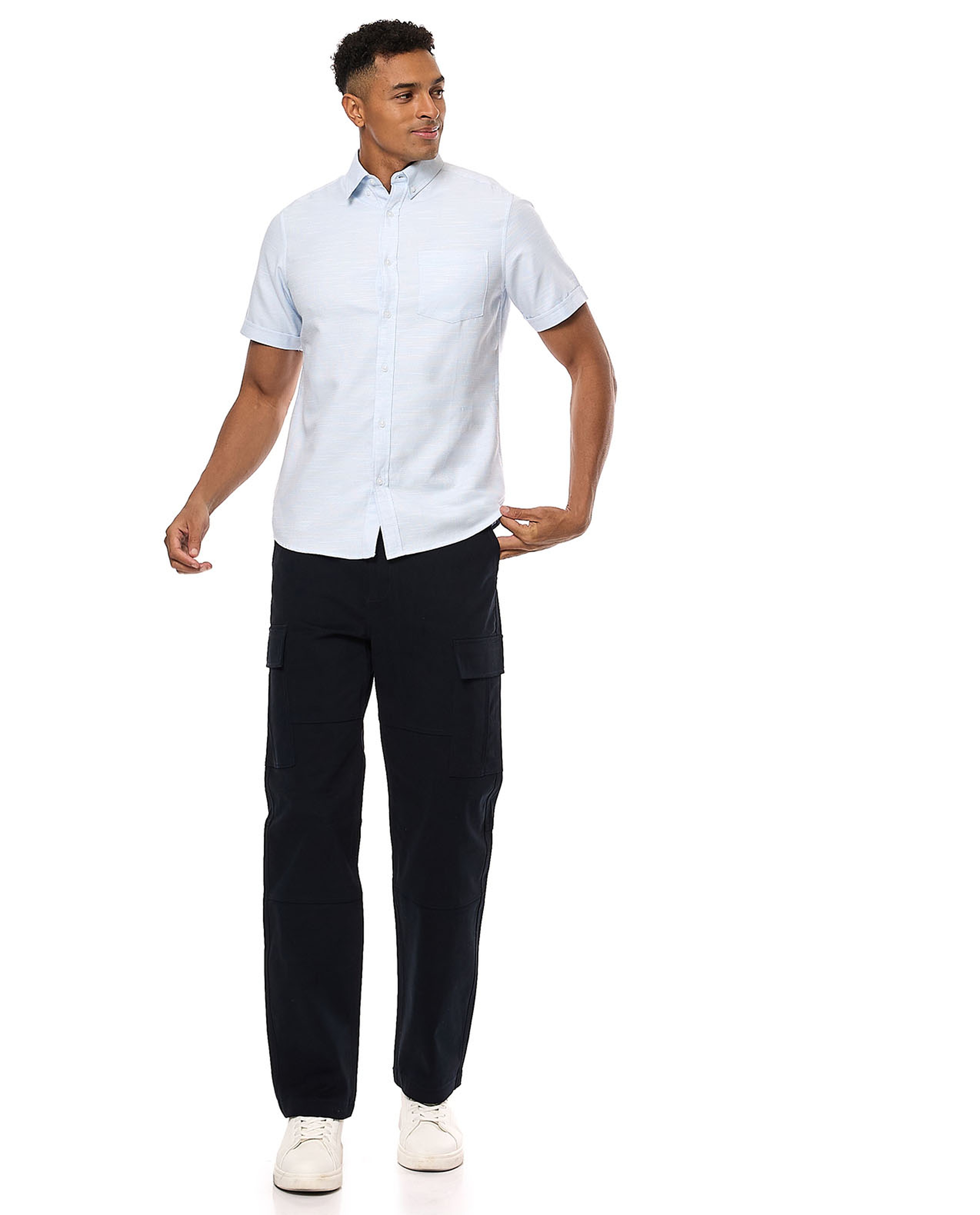 Textured Shirt with Button-Down Collar and Short Sleeves