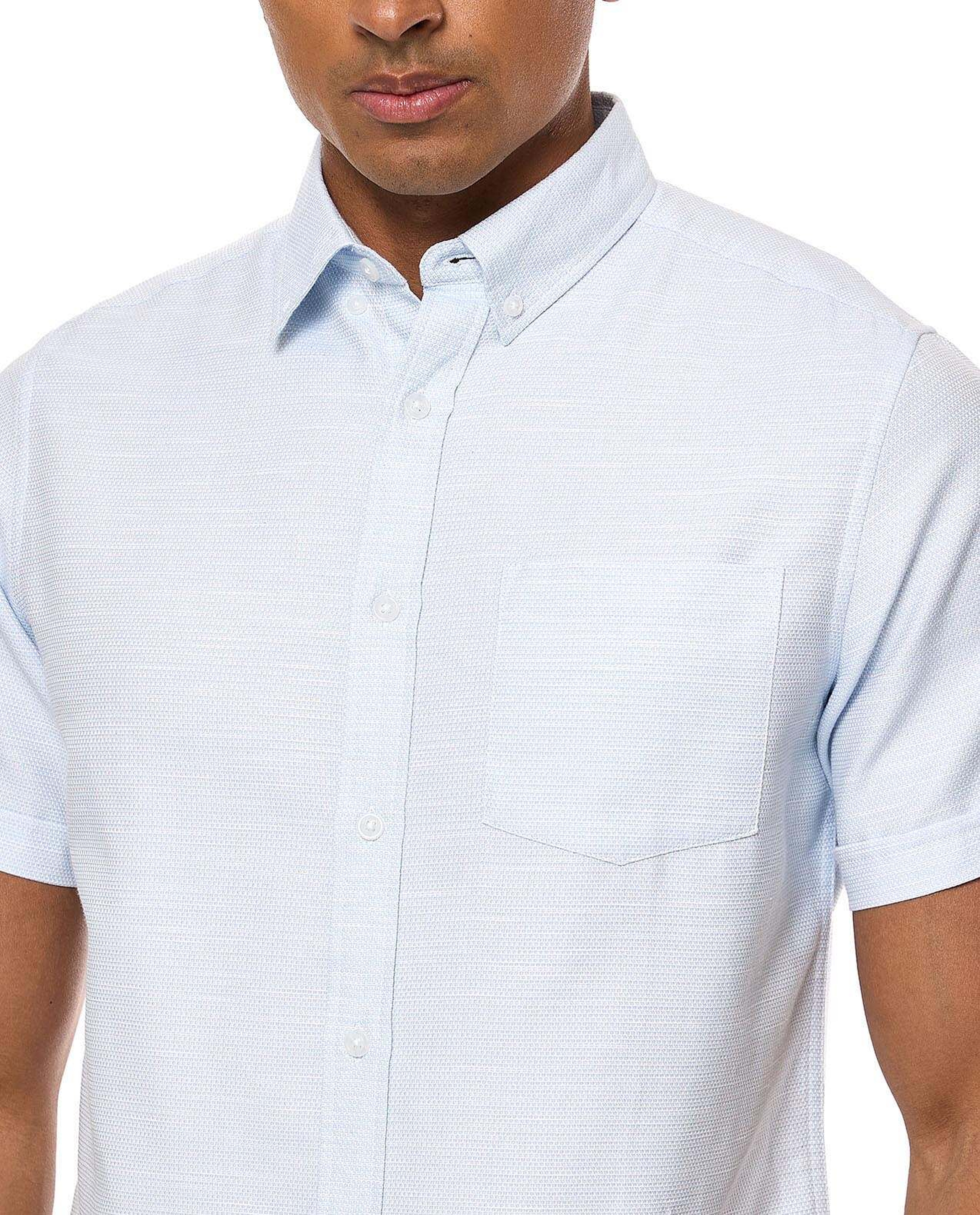 Textured Shirt with Button-Down Collar and Short Sleeves
