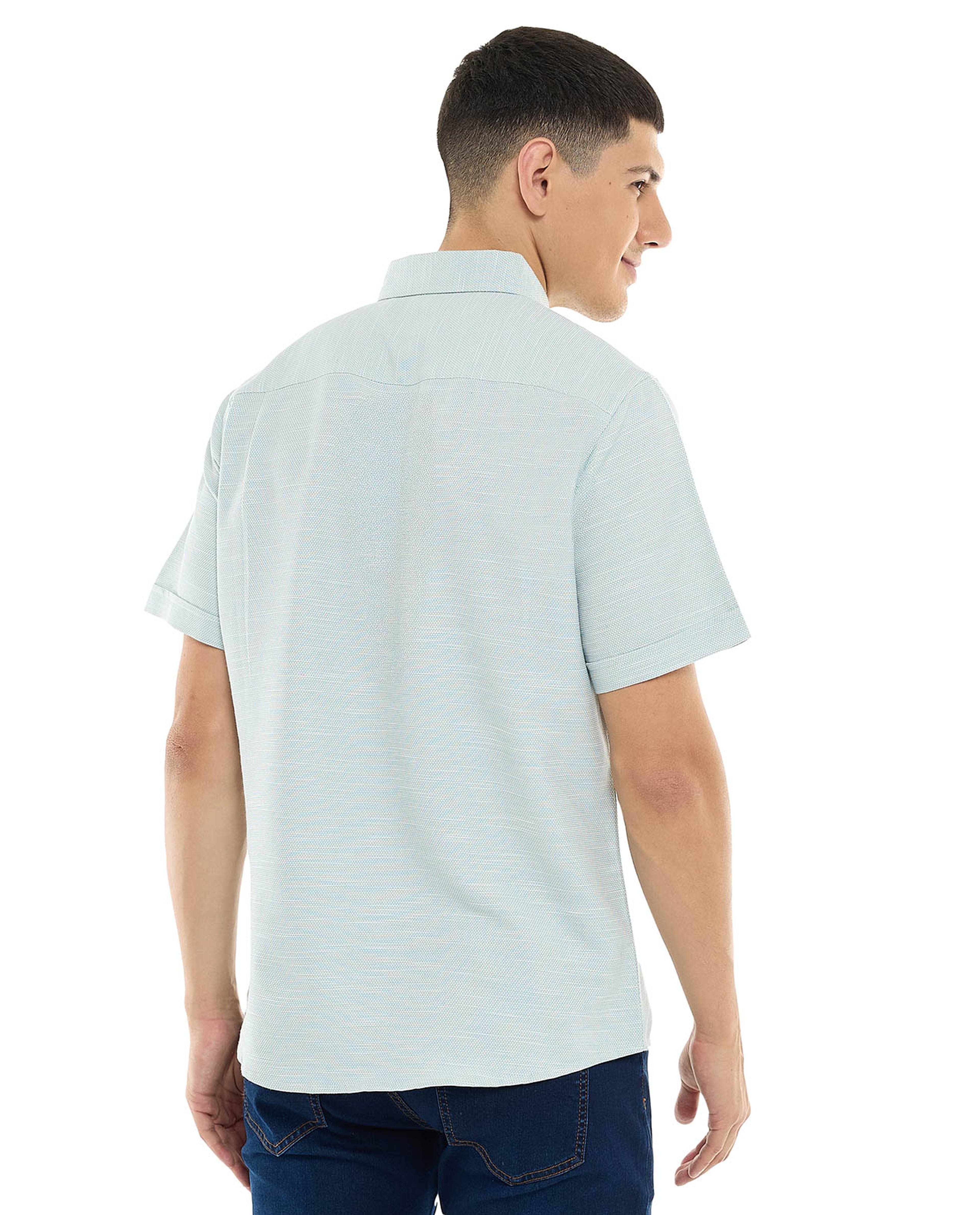 Textured Shirt with Button-Down Collar and Short Sleeves