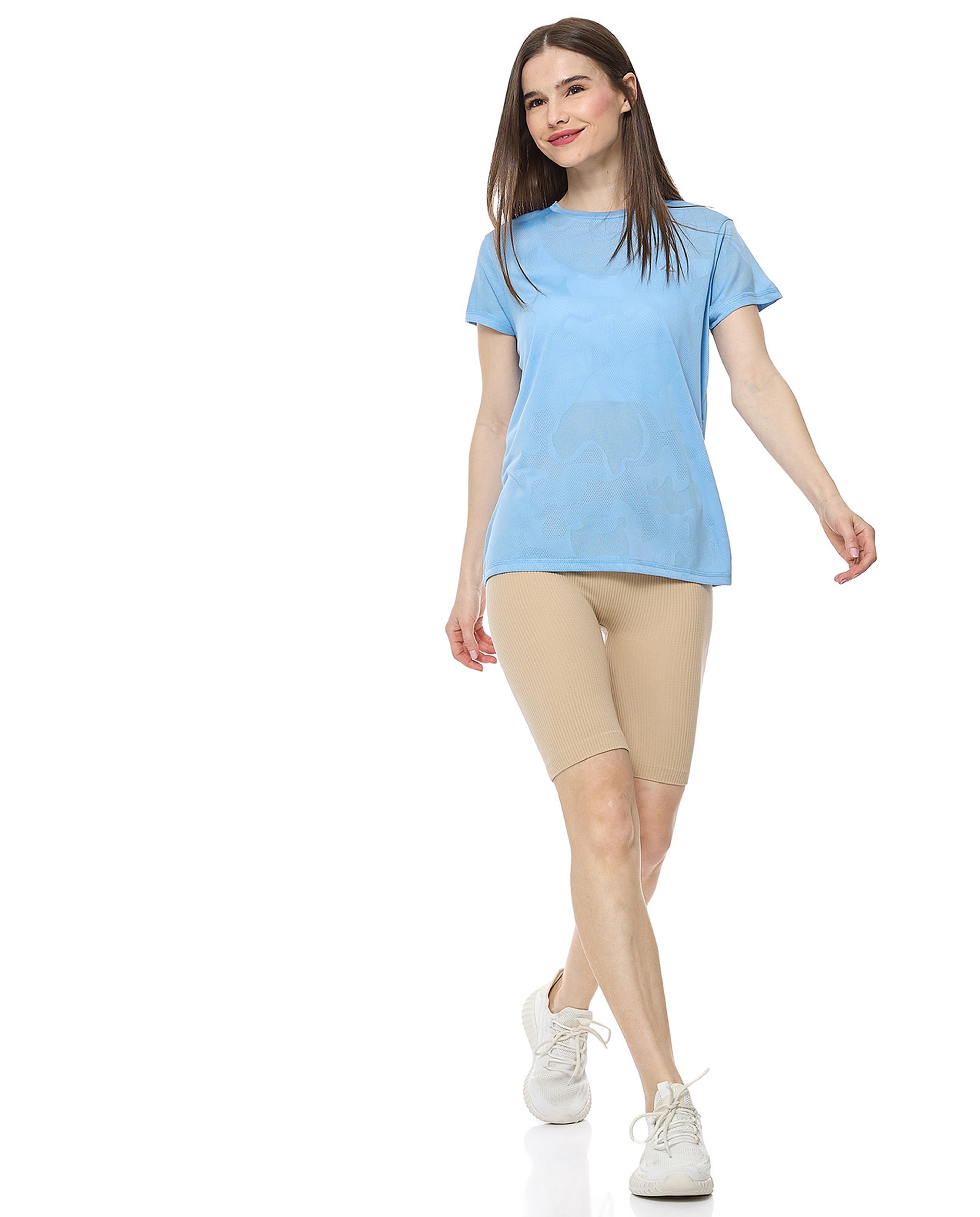 Self Patterned Active T-Shirt With Crew Neck And Short Sleeves