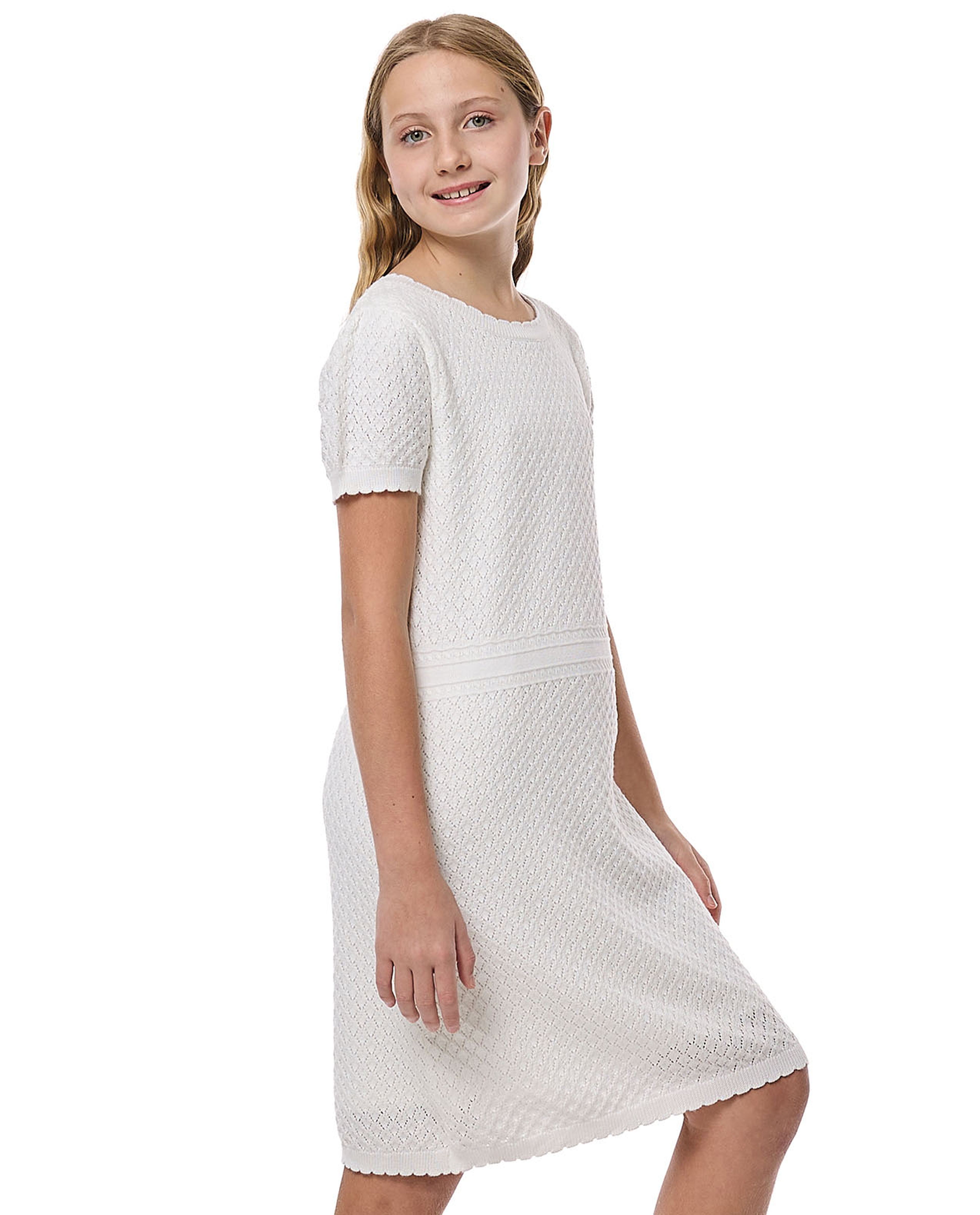 Textured Mini Dress With Round Neck And Puff Sleeves