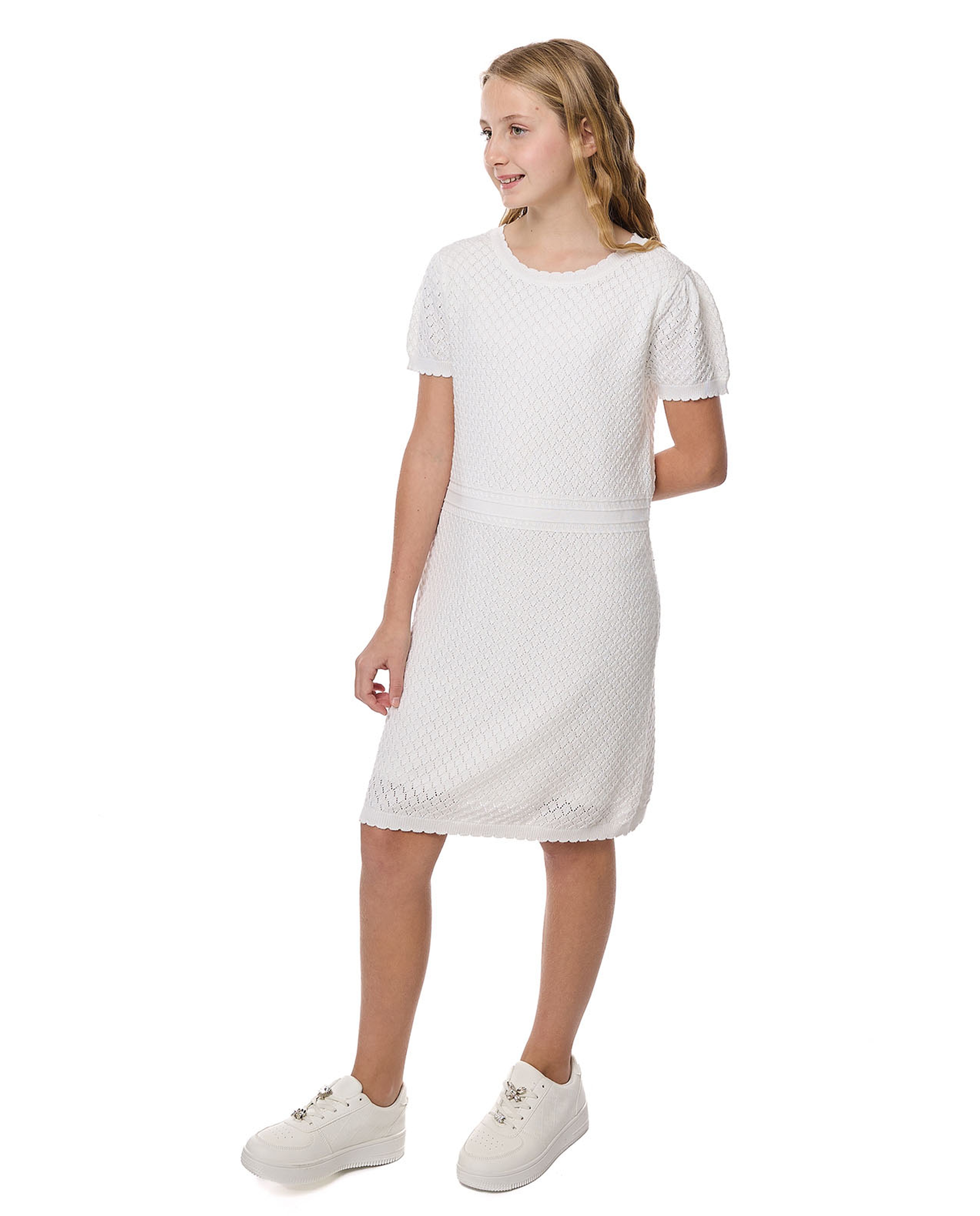 Textured Mini Dress With Round Neck And Puff Sleeves