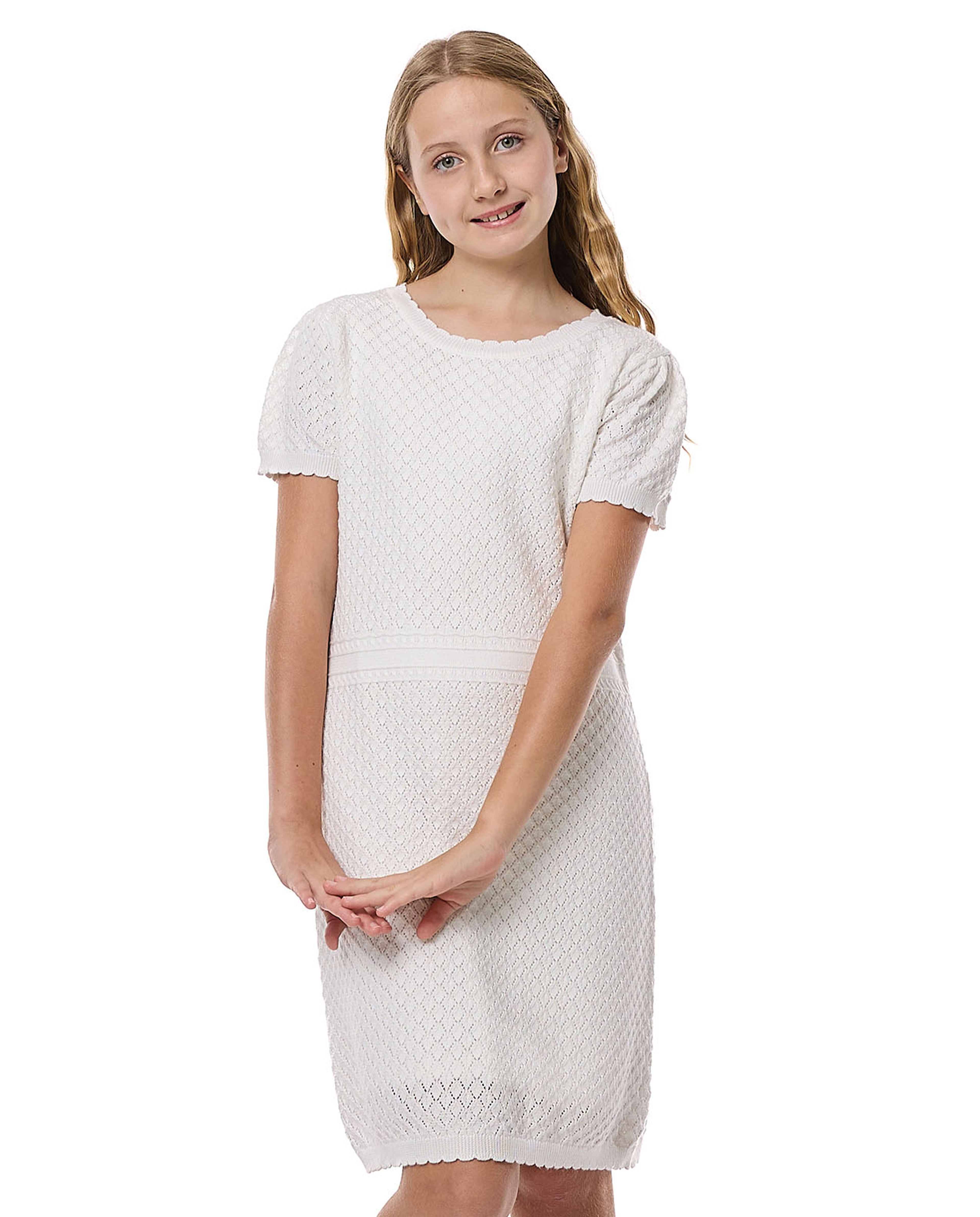 Textured Mini Dress With Round Neck And Puff Sleeves