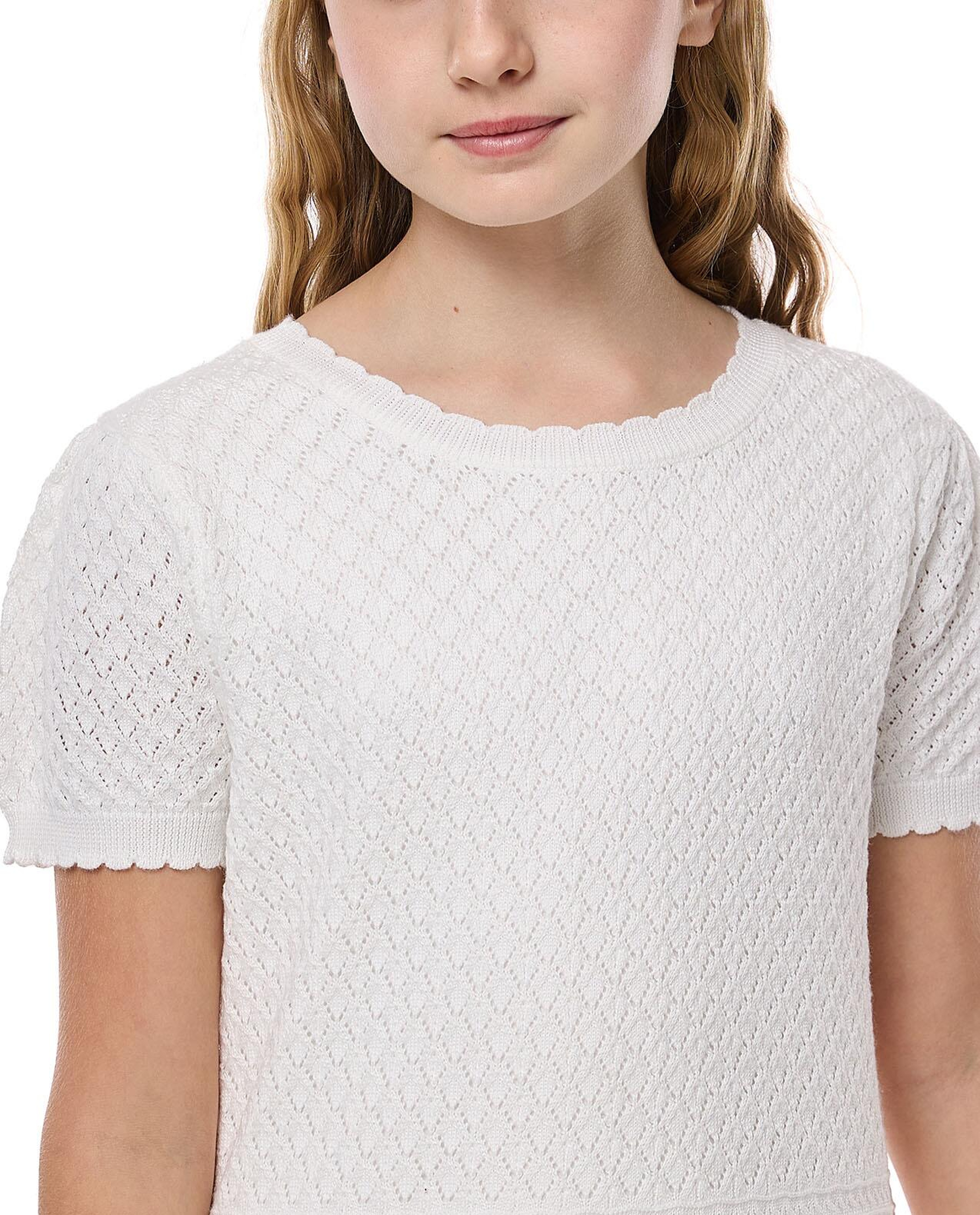 Textured Mini Dress With Round Neck And Puff Sleeves