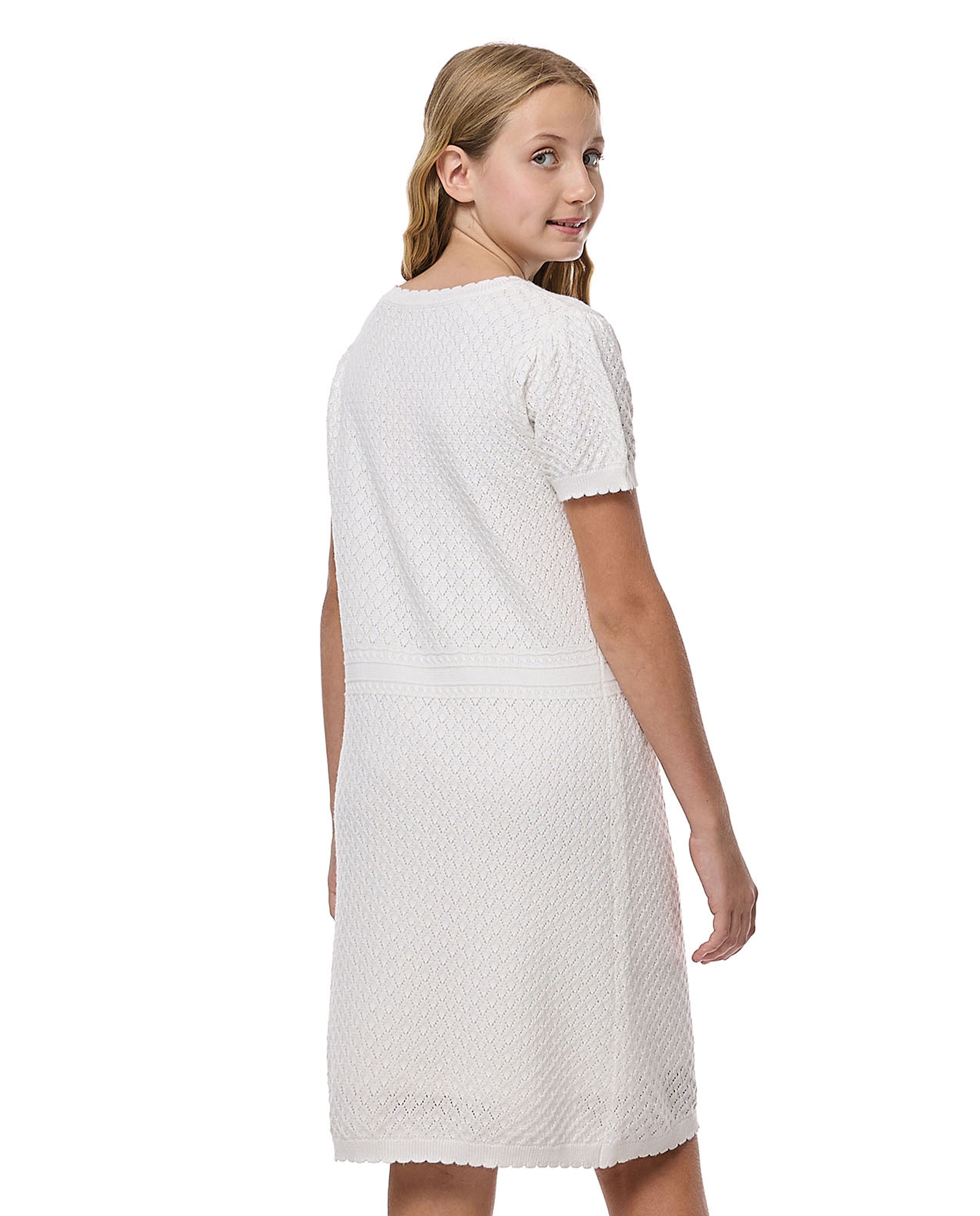 Textured Mini Dress With Round Neck And Puff Sleeves