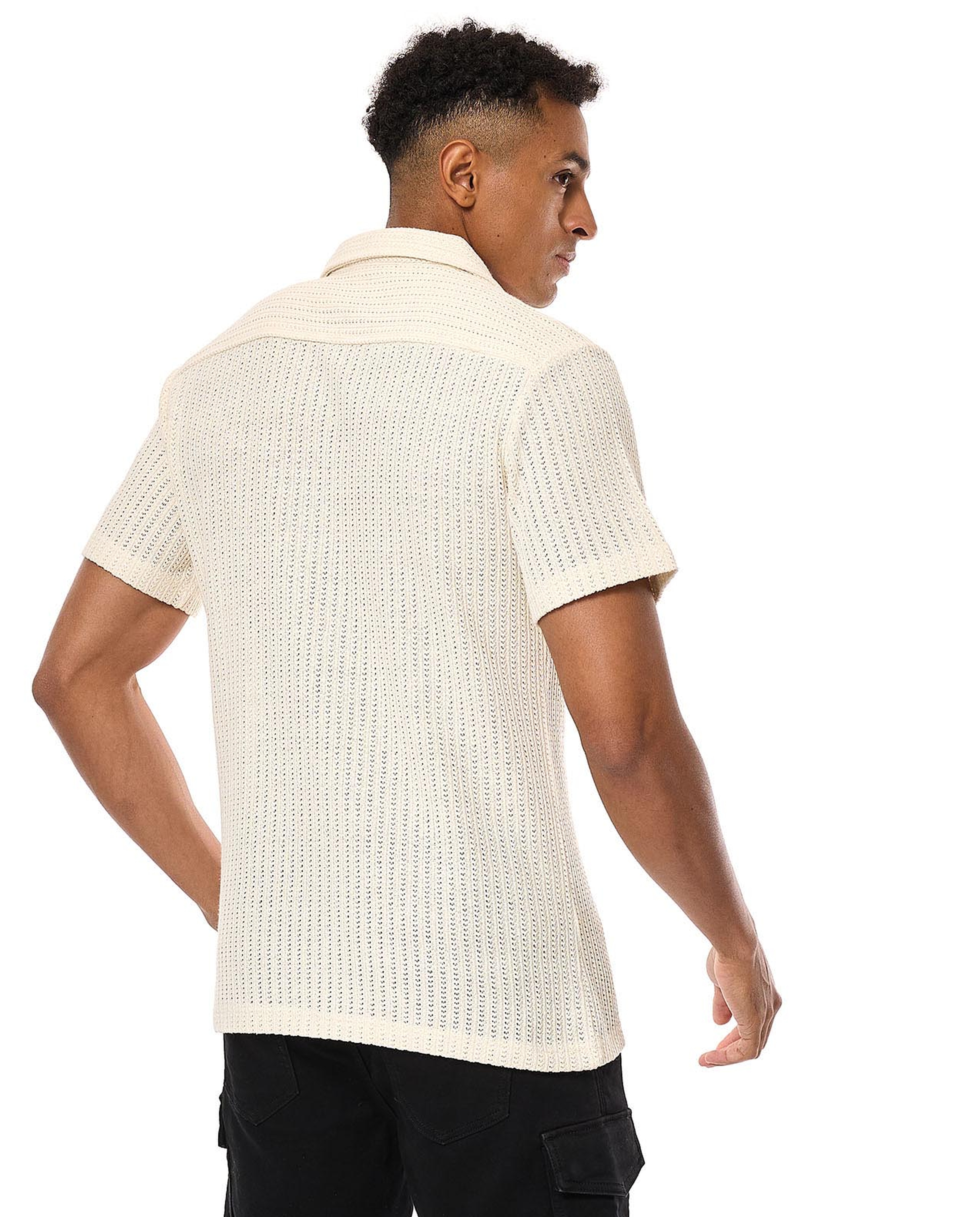 Textured Knit Shirt with Revere Collar and Short Sleeves