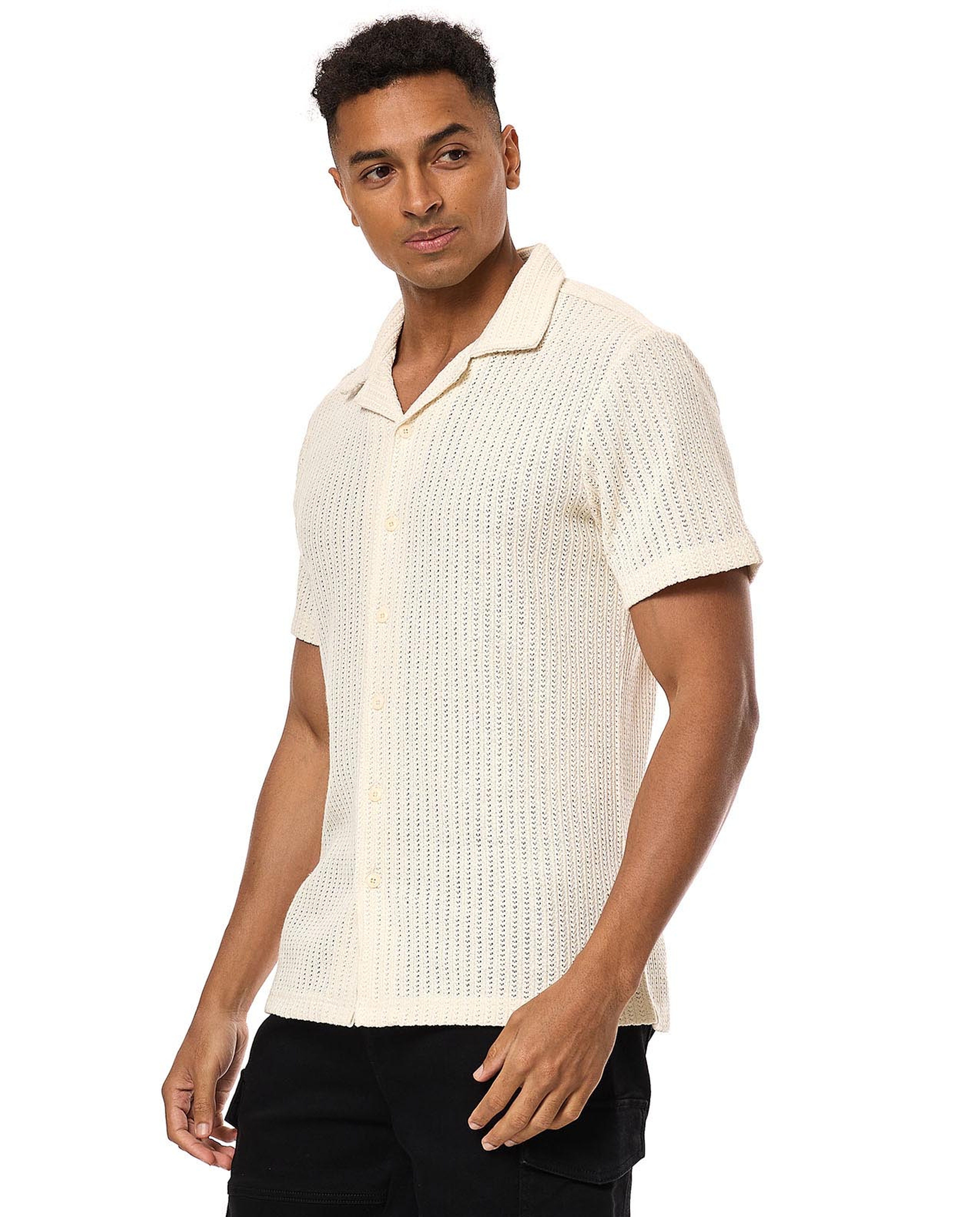 Textured Knit Shirt with Revere Collar and Short Sleeves