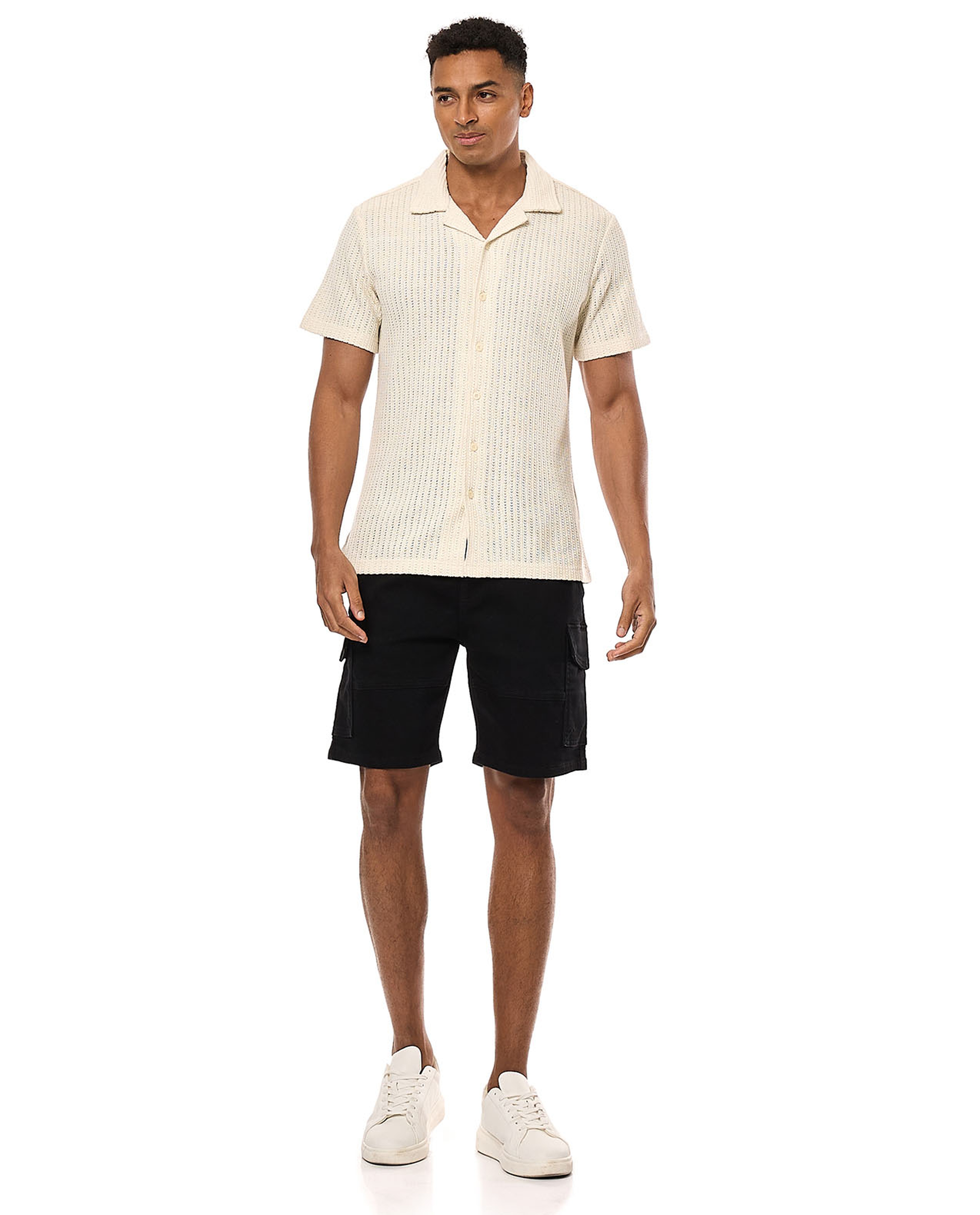 Textured Knit Shirt with Revere Collar and Short Sleeves