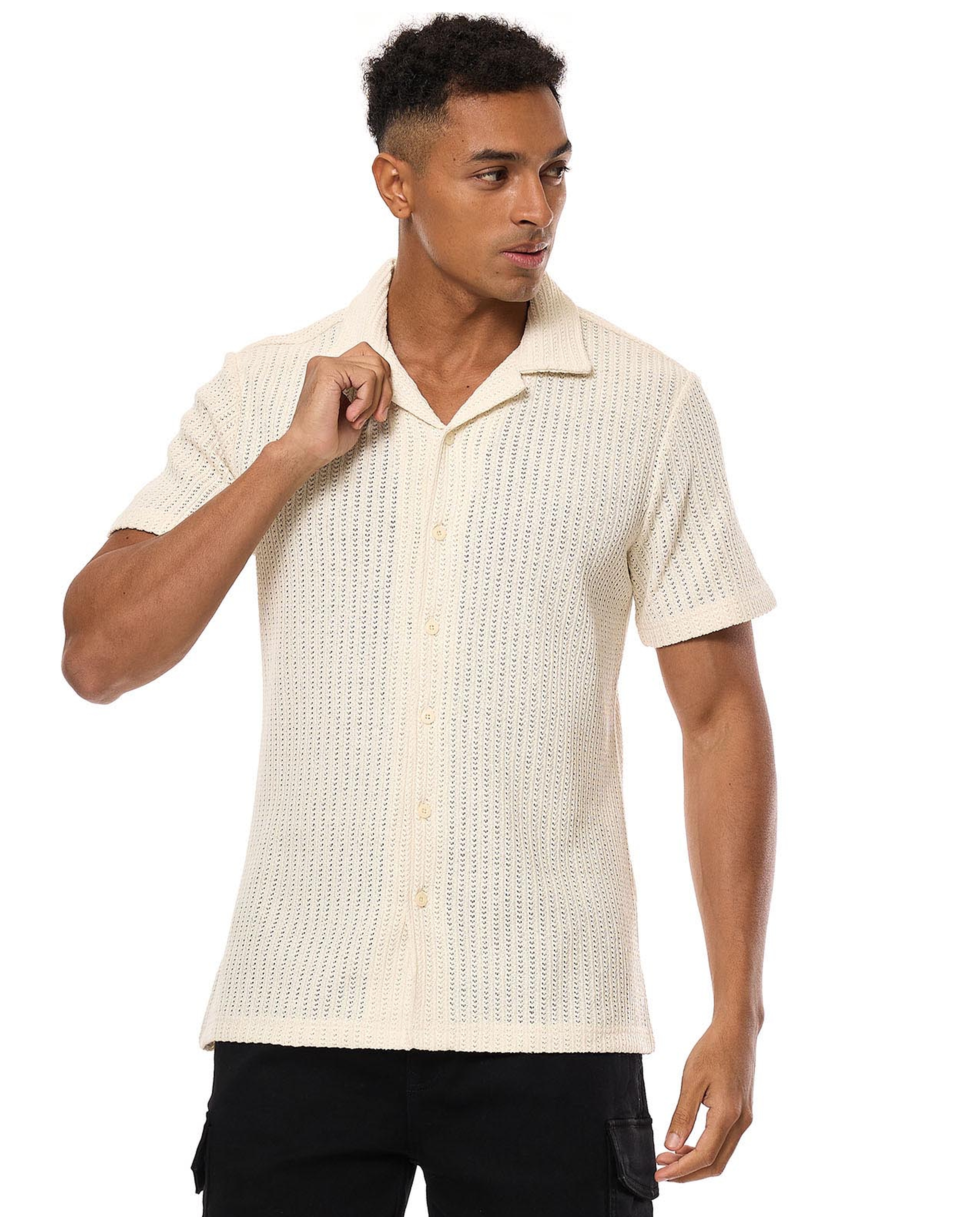 Textured Knit Shirt with Revere Collar and Short Sleeves