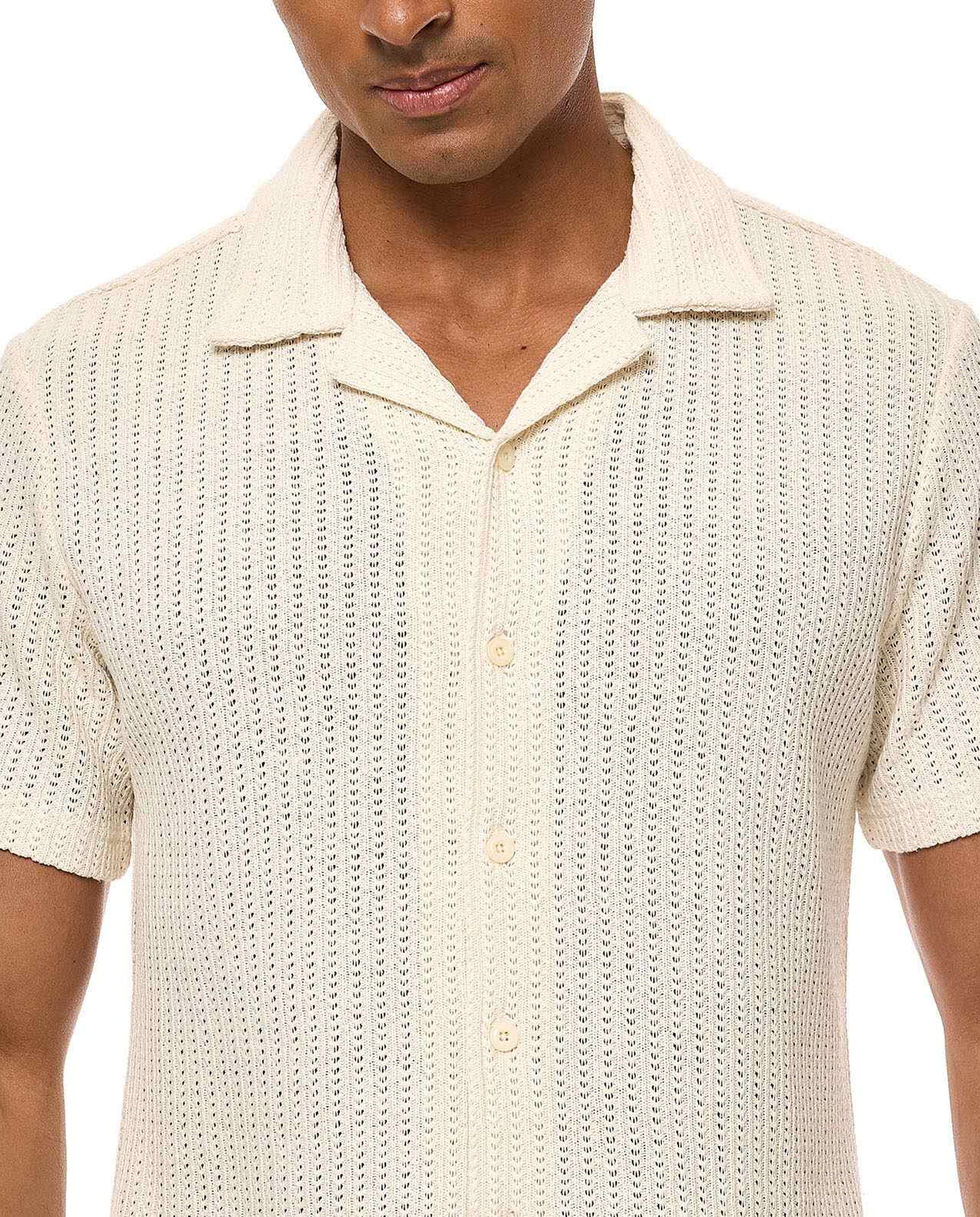 Textured Knit Shirt with Revere Collar and Short Sleeves