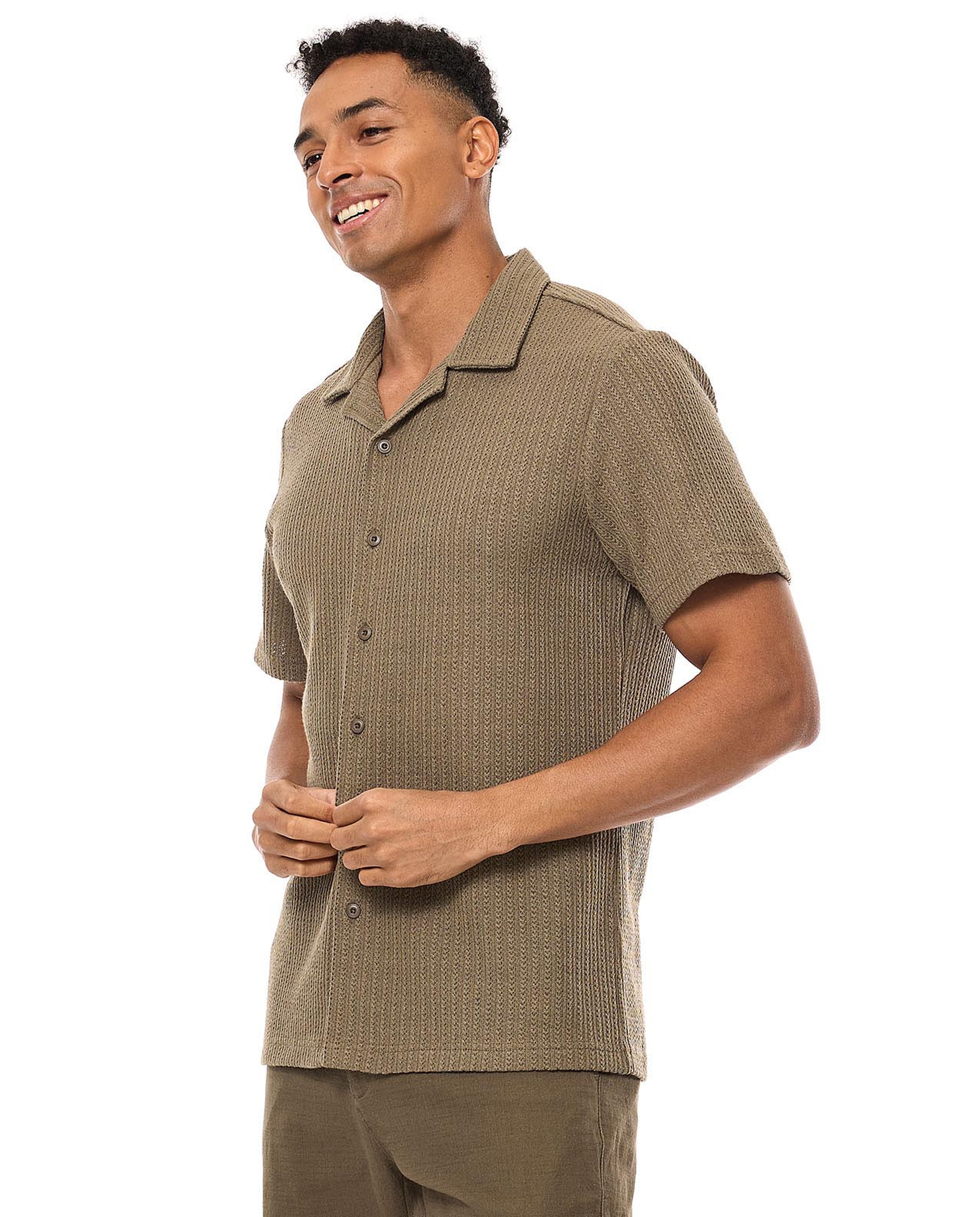 Textured Knit Shirt with Revere Collar and Short Sleeves
