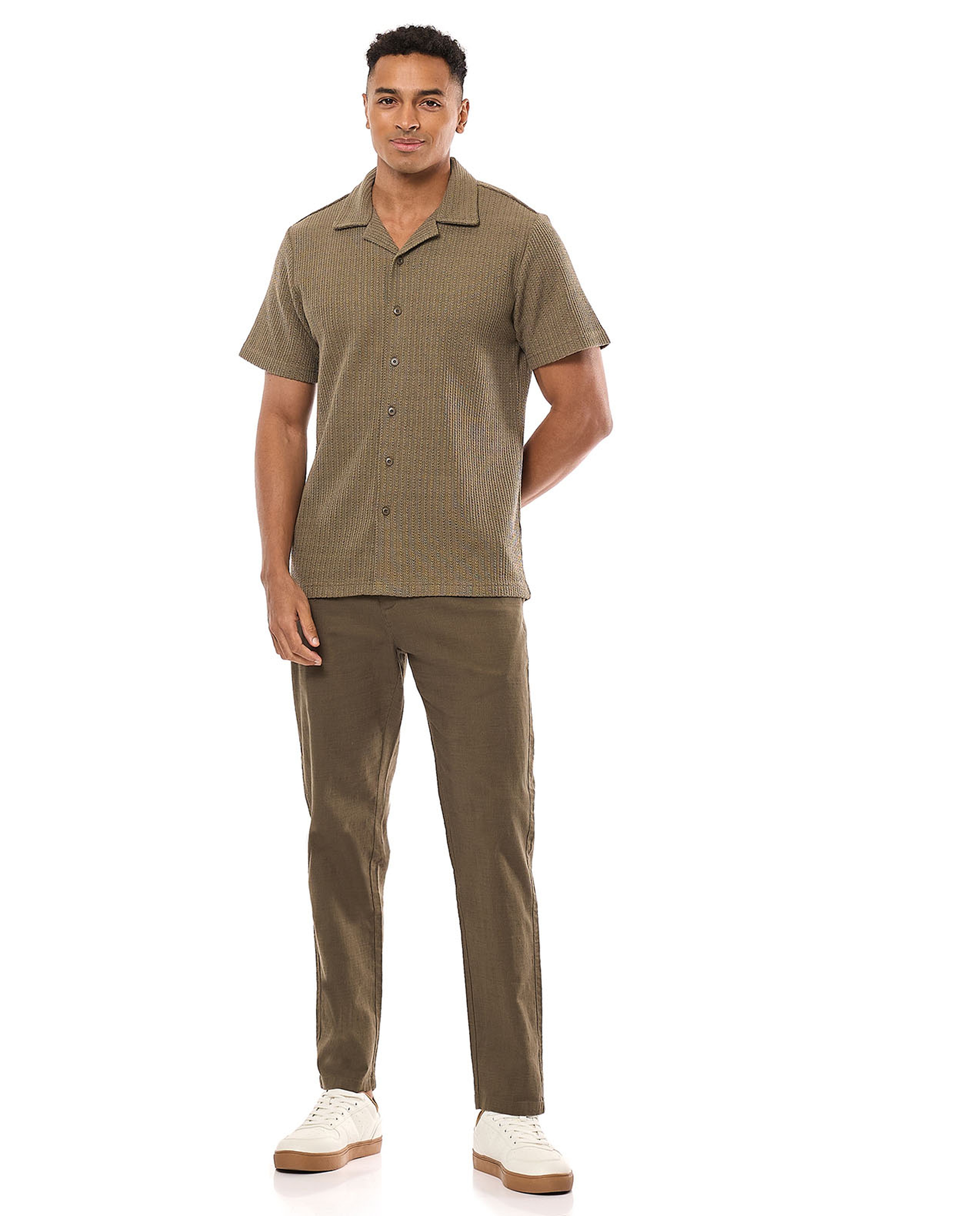 Textured Knit Shirt with Revere Collar and Short Sleeves