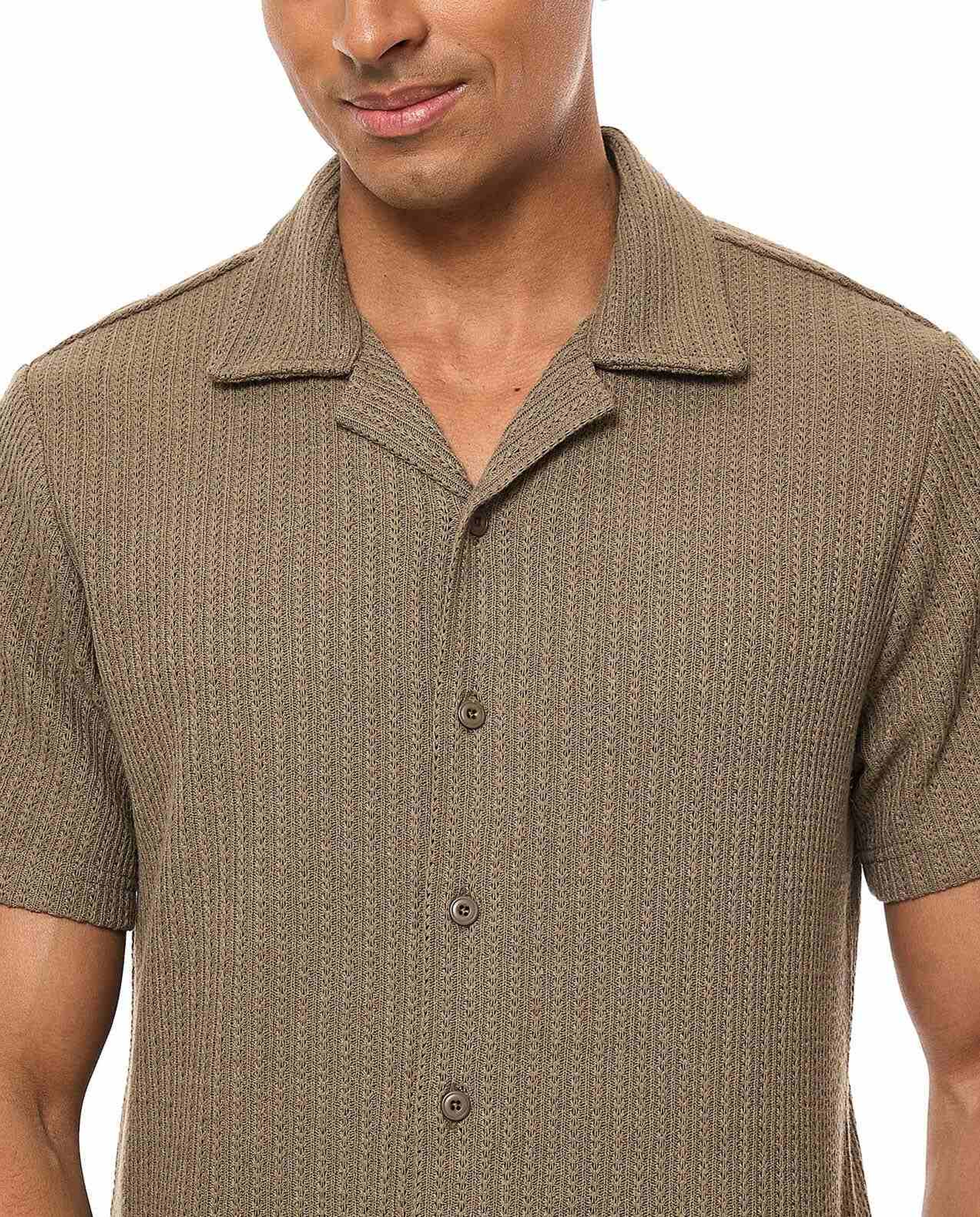 Textured Knit Shirt with Revere Collar and Short Sleeves