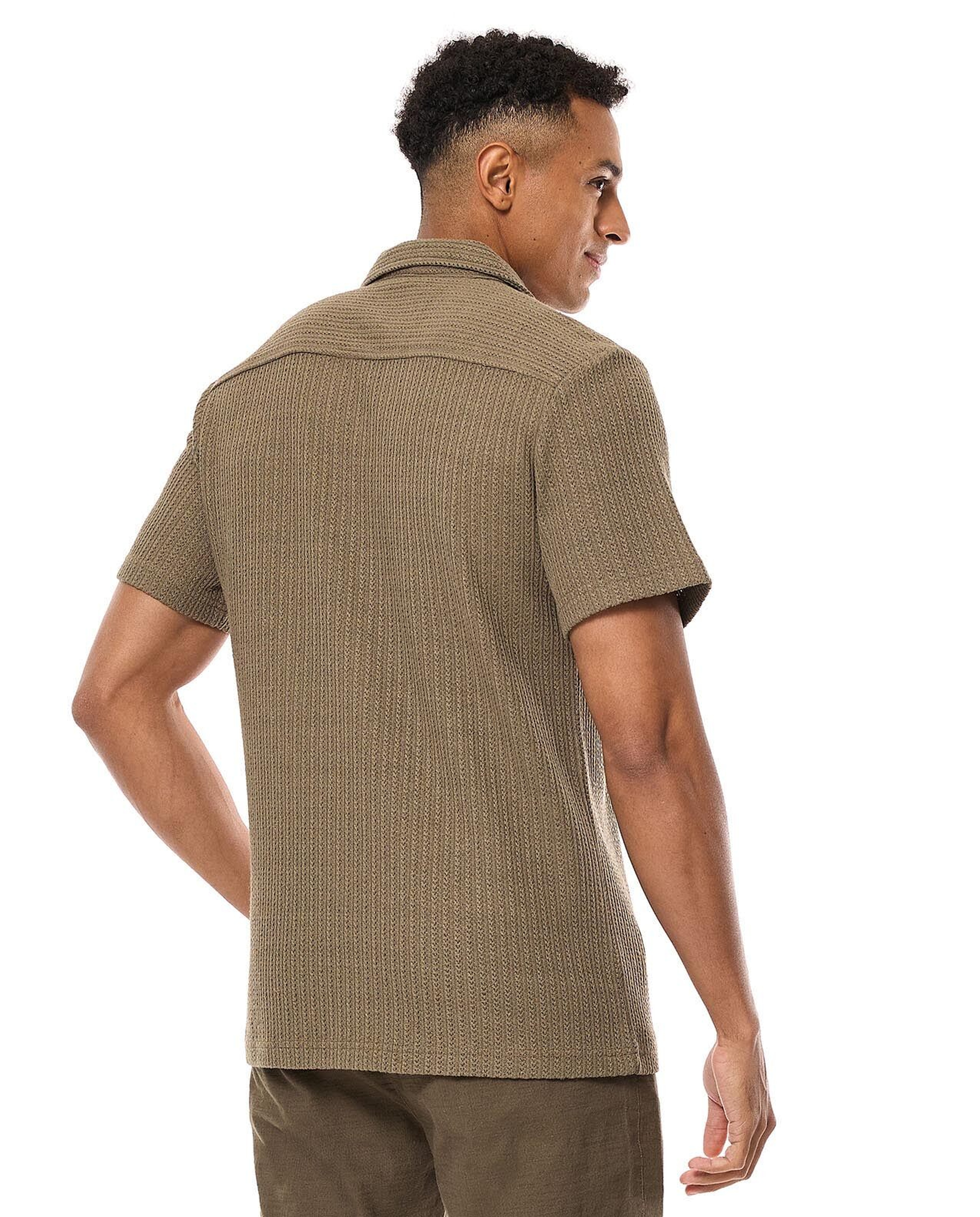 Textured Knit Shirt with Revere Collar and Short Sleeves