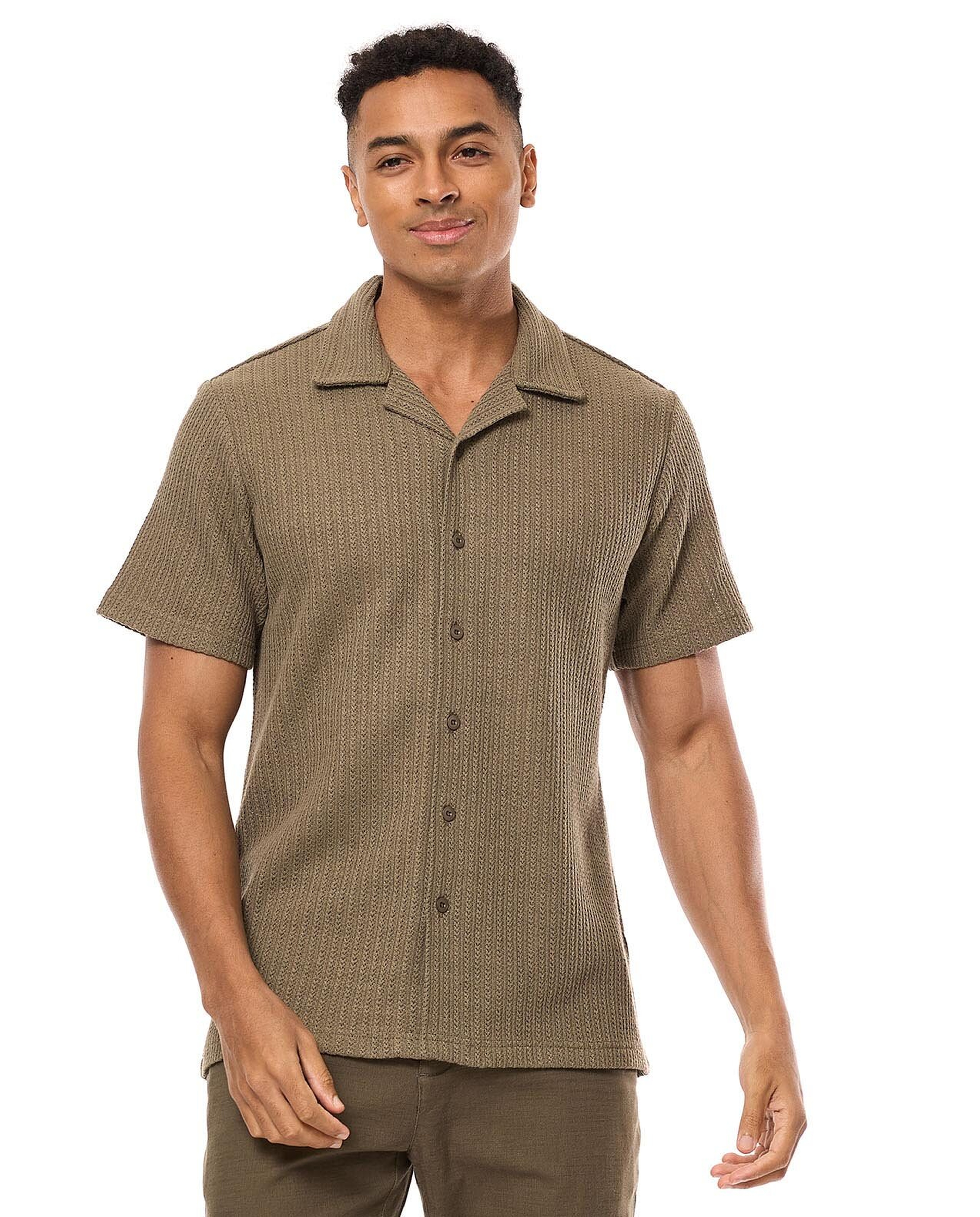 Textured Knit Shirt with Revere Collar and Short Sleeves