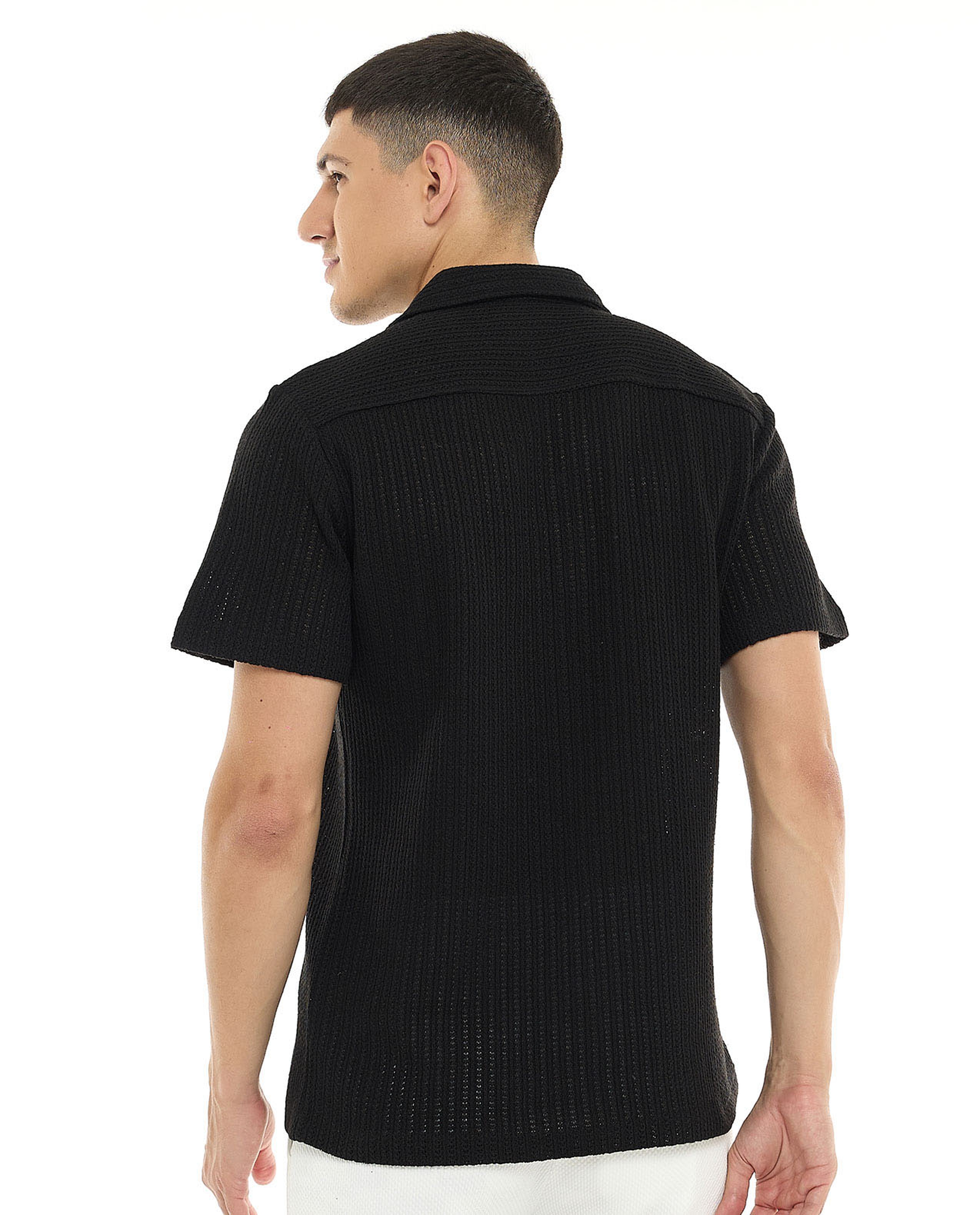 Textured Knit Shirt with Revere Collar and Short Sleeves