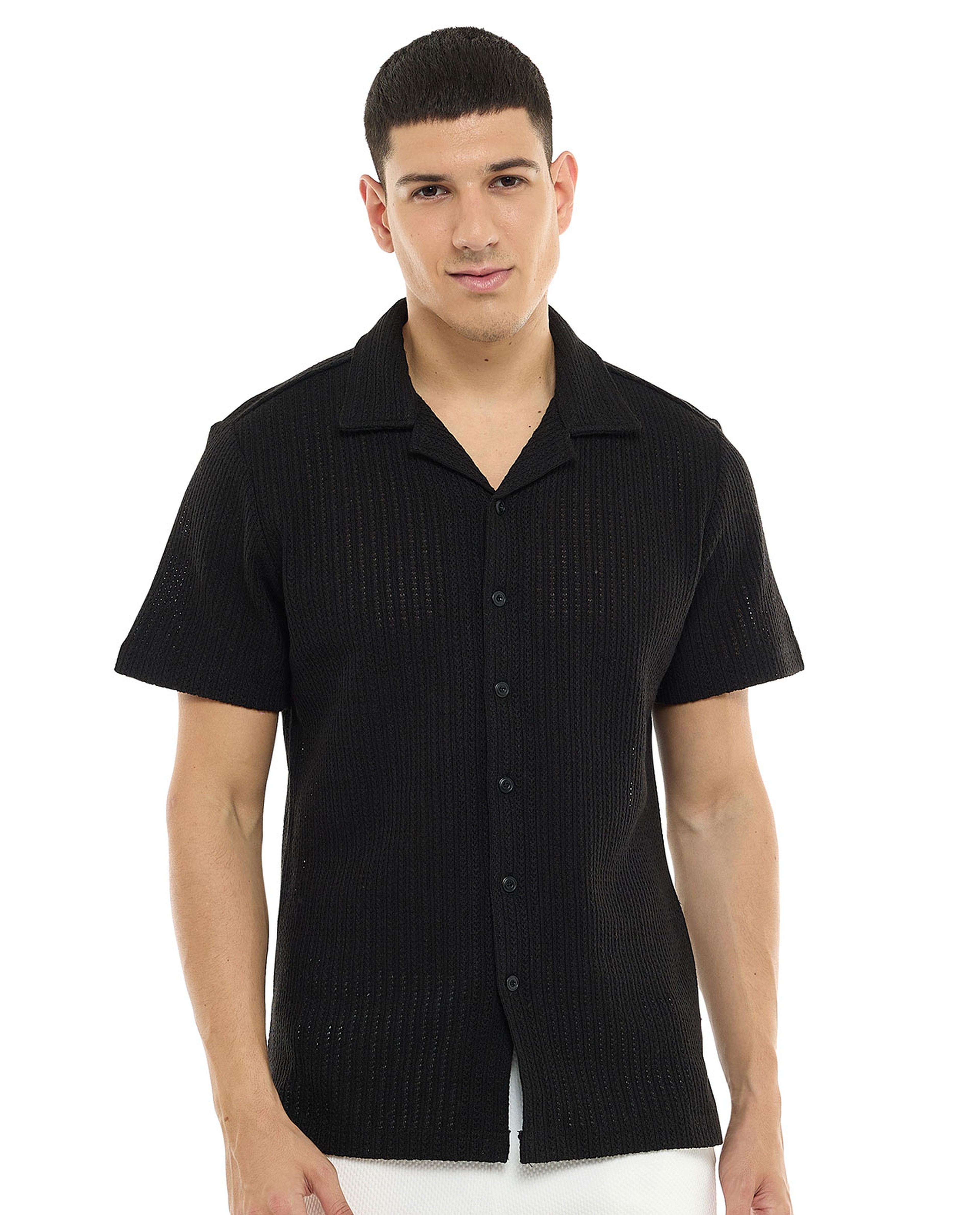 Textured Knit Shirt with Revere Collar and Short Sleeves
