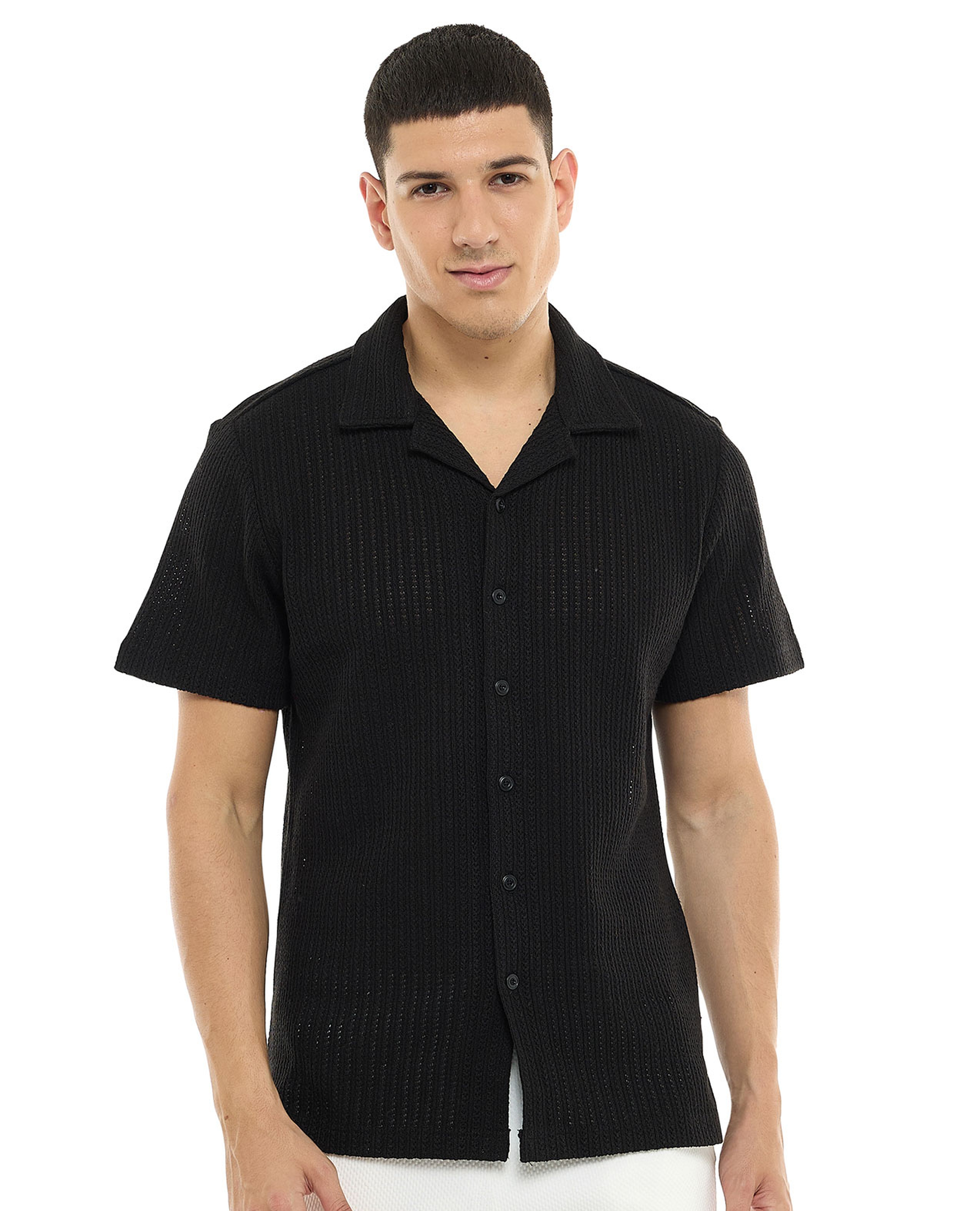 Textured Knit Shirt with Revere Collar and Short Sleeves