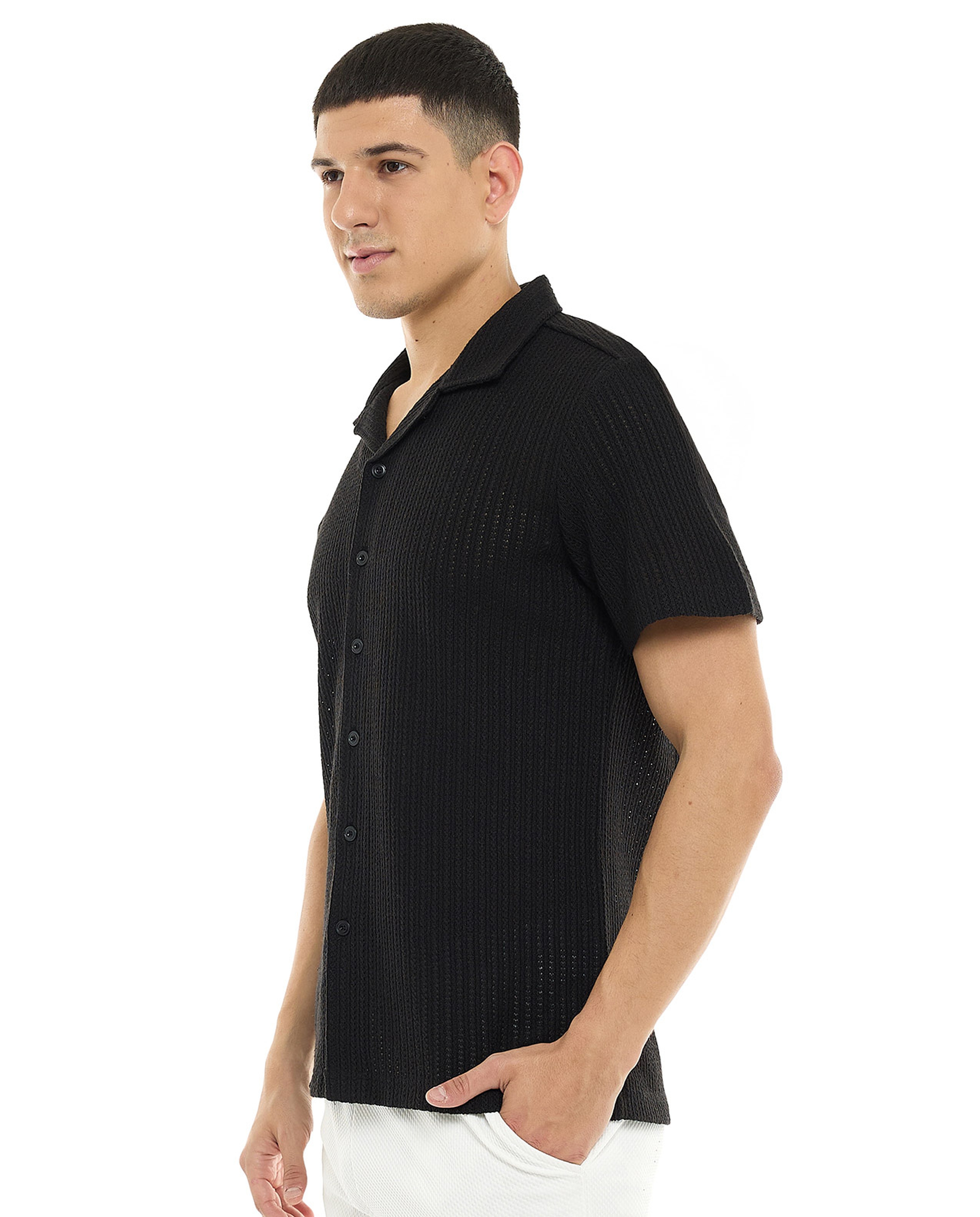 Textured Knit Shirt with Revere Collar and Short Sleeves