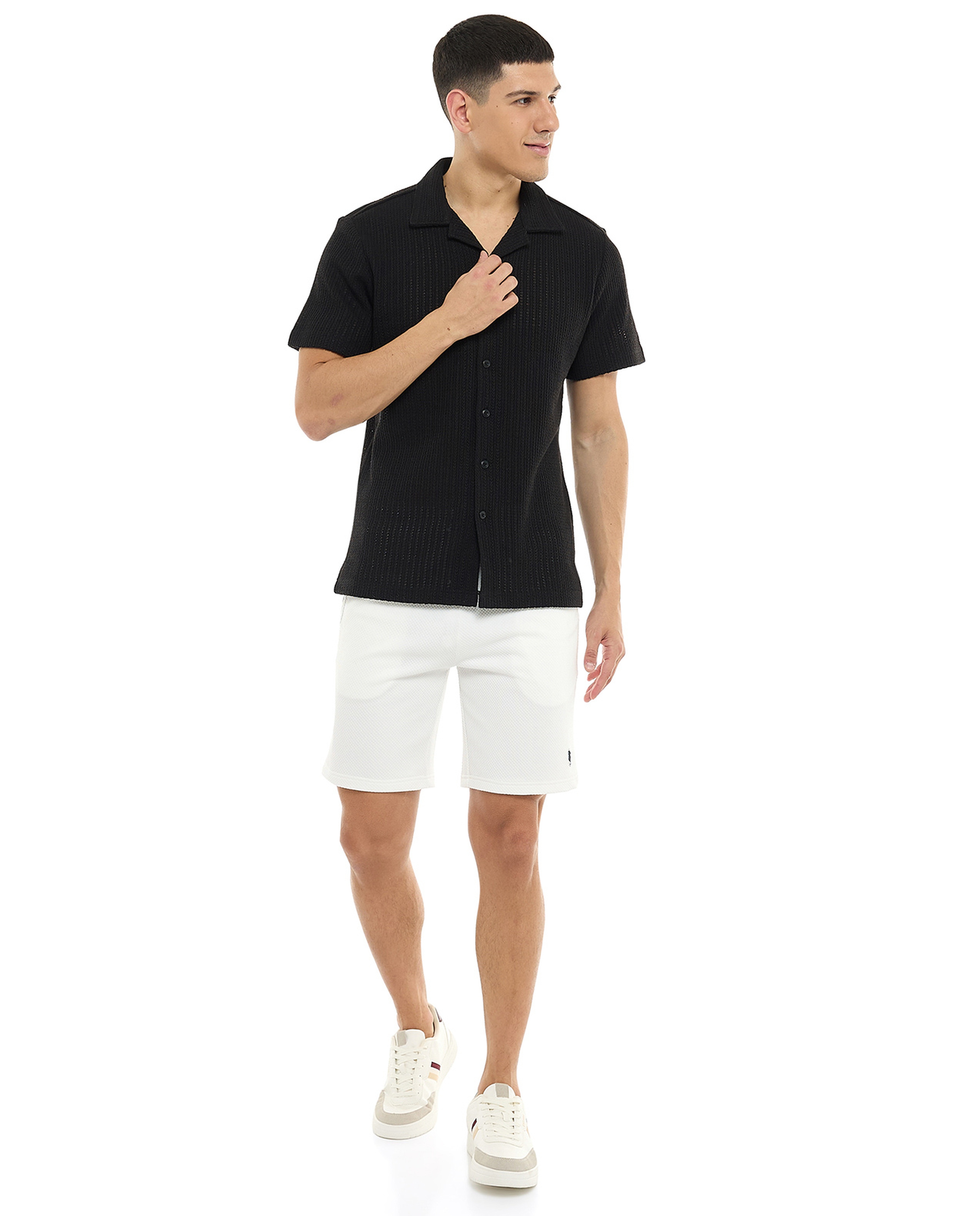 Textured Knit Shirt with Revere Collar and Short Sleeves