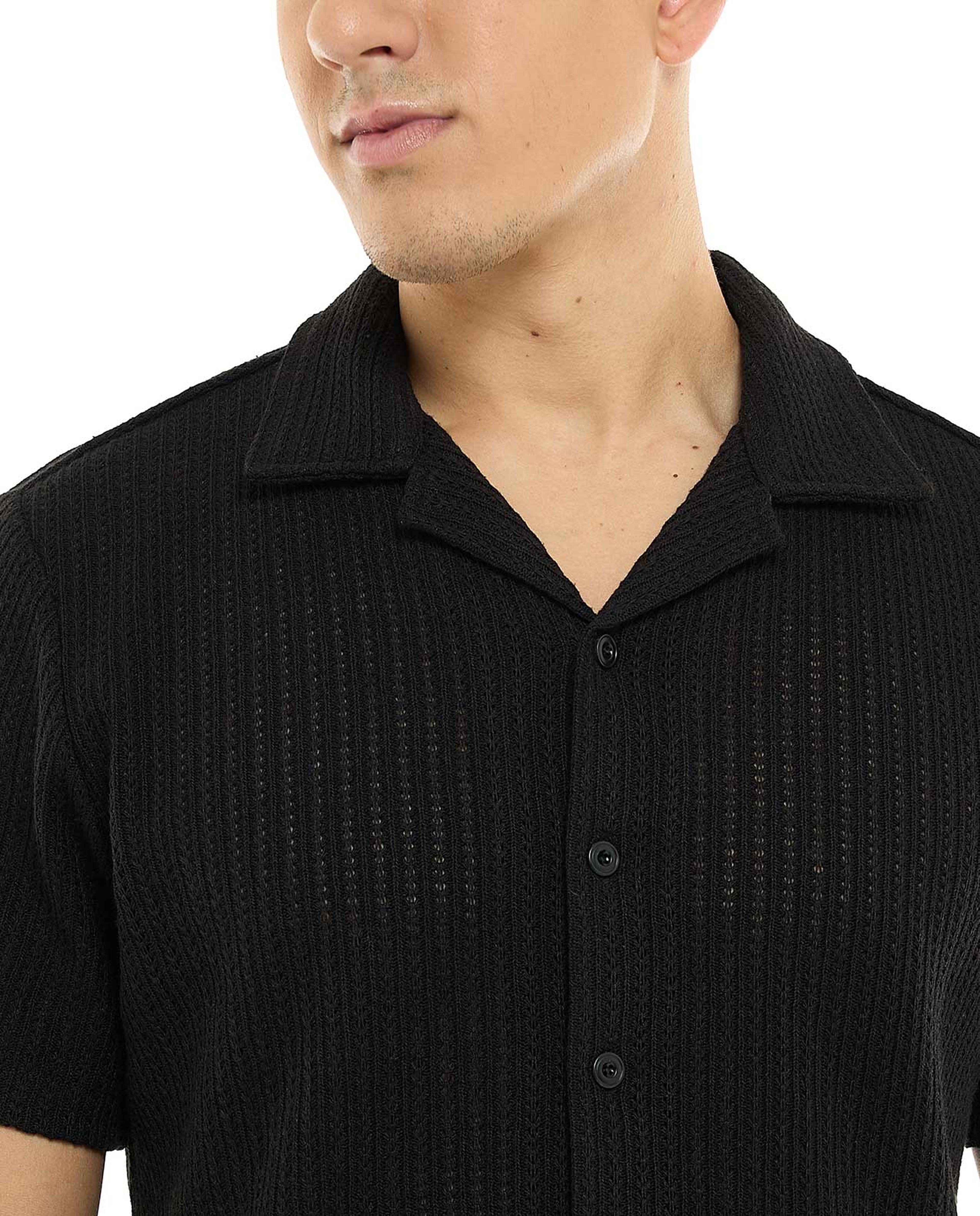 Textured Knit Shirt with Revere Collar and Short Sleeves