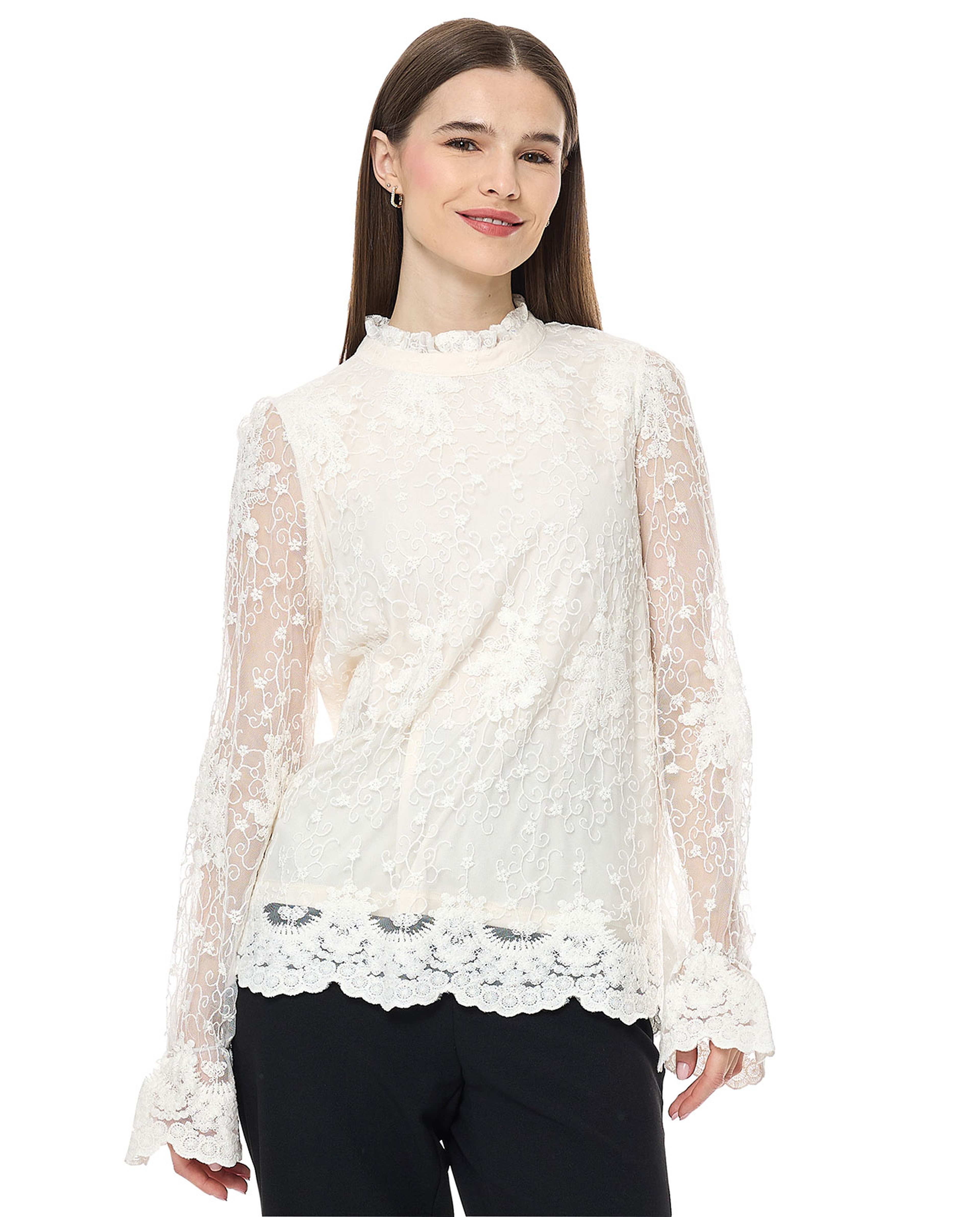 Laced Top with High Neck and Long Sleeves