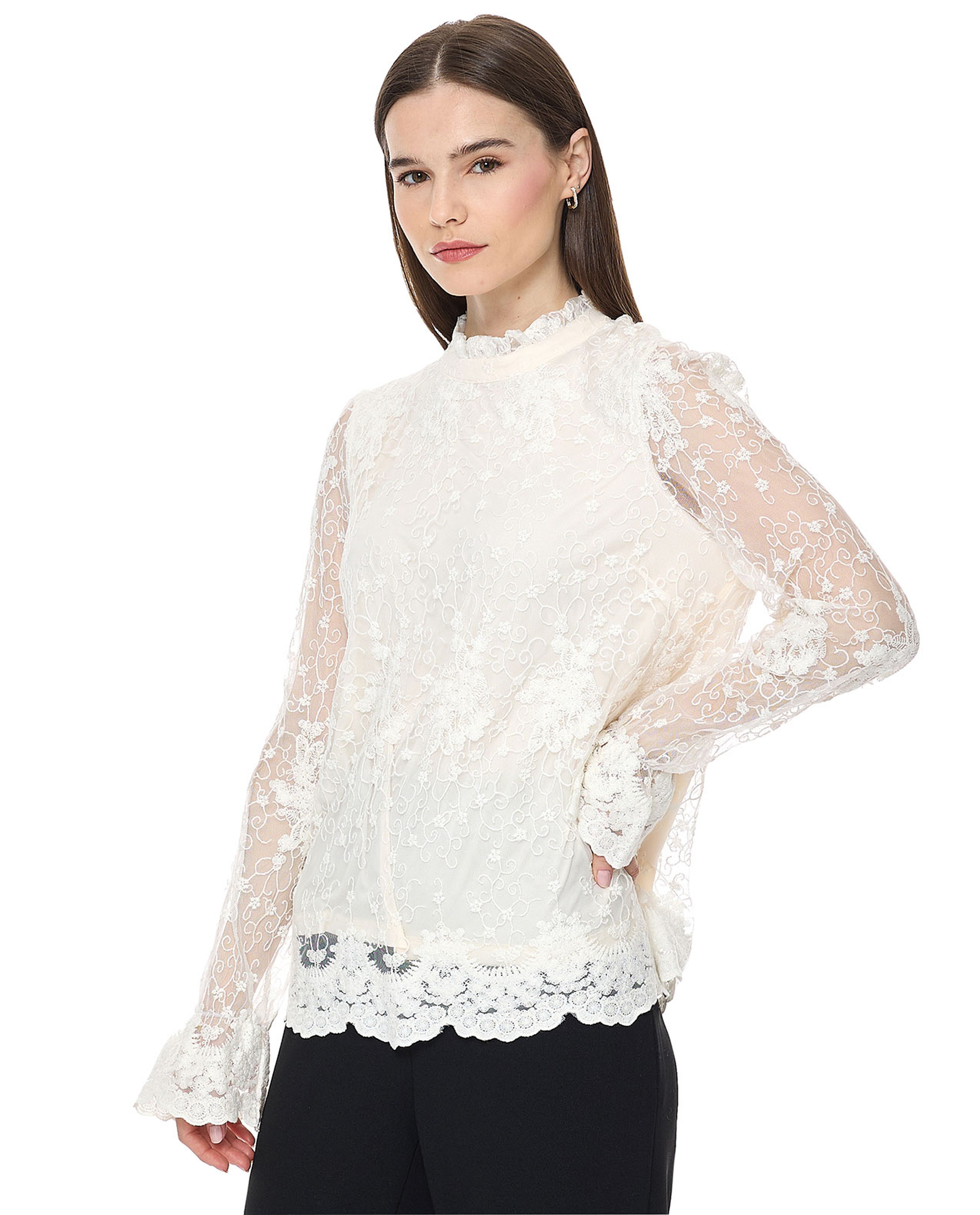 Laced Top with High Neck and Long Sleeves