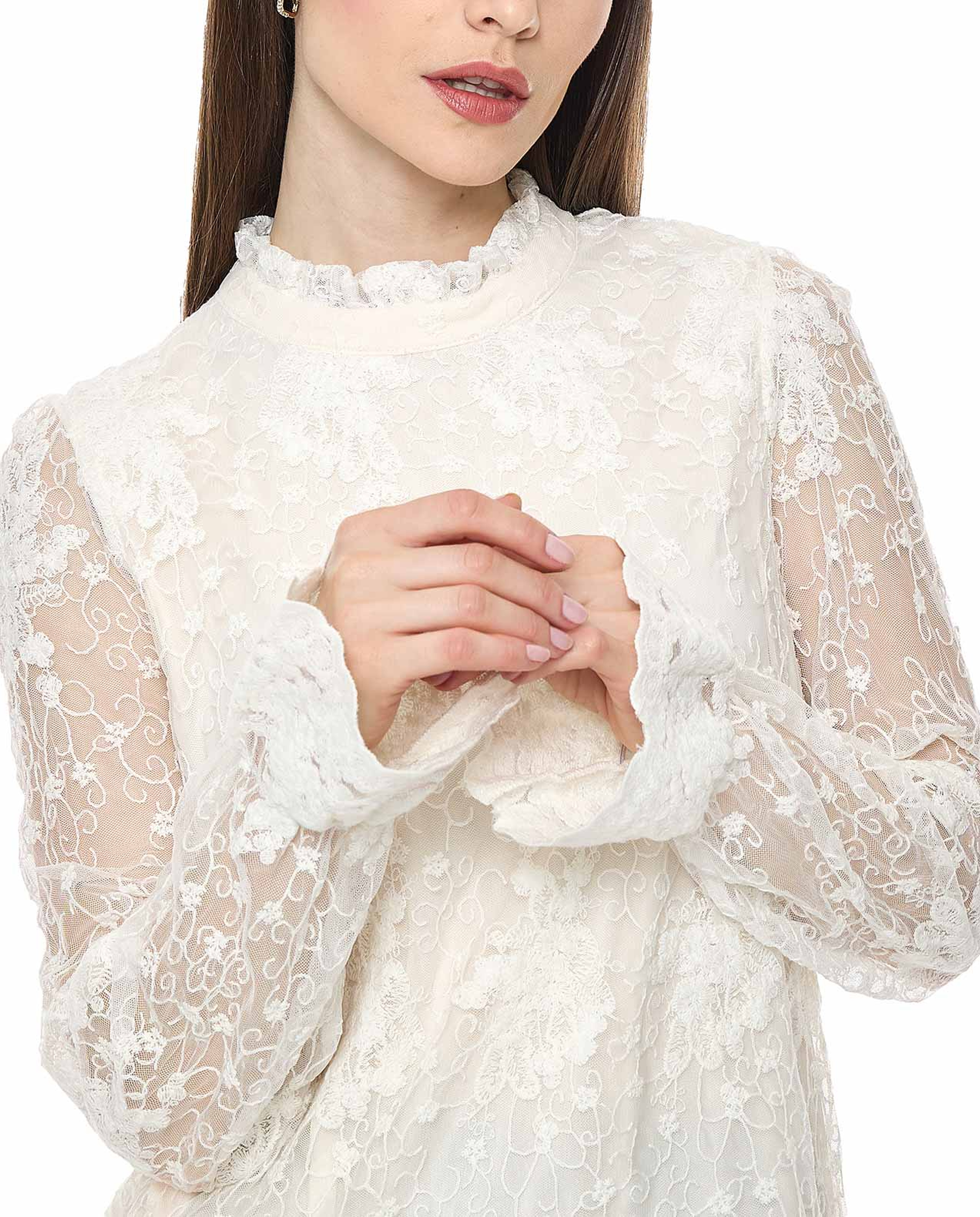 Laced Top with High Neck and Long Sleeves