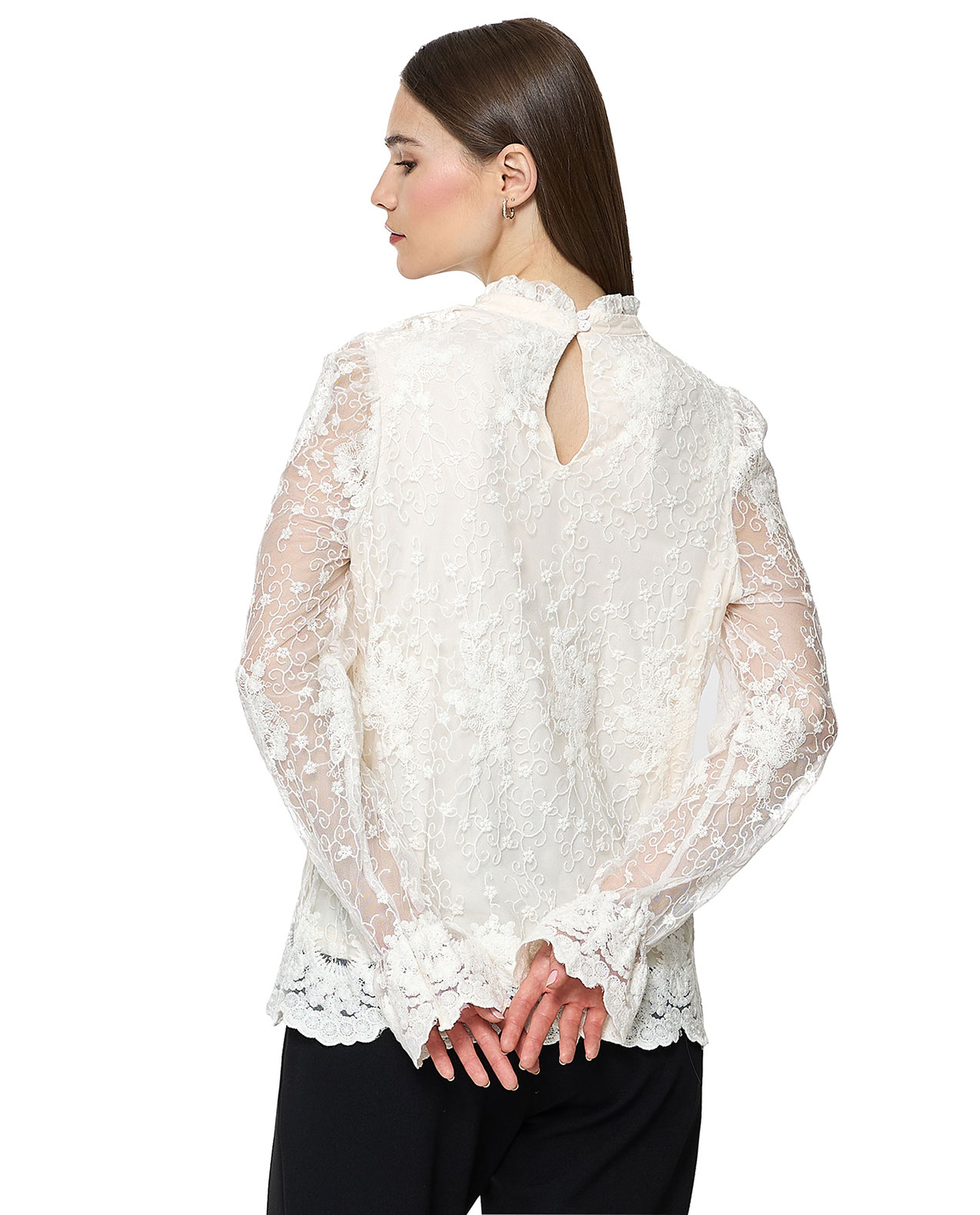 Laced Top with High Neck and Long Sleeves