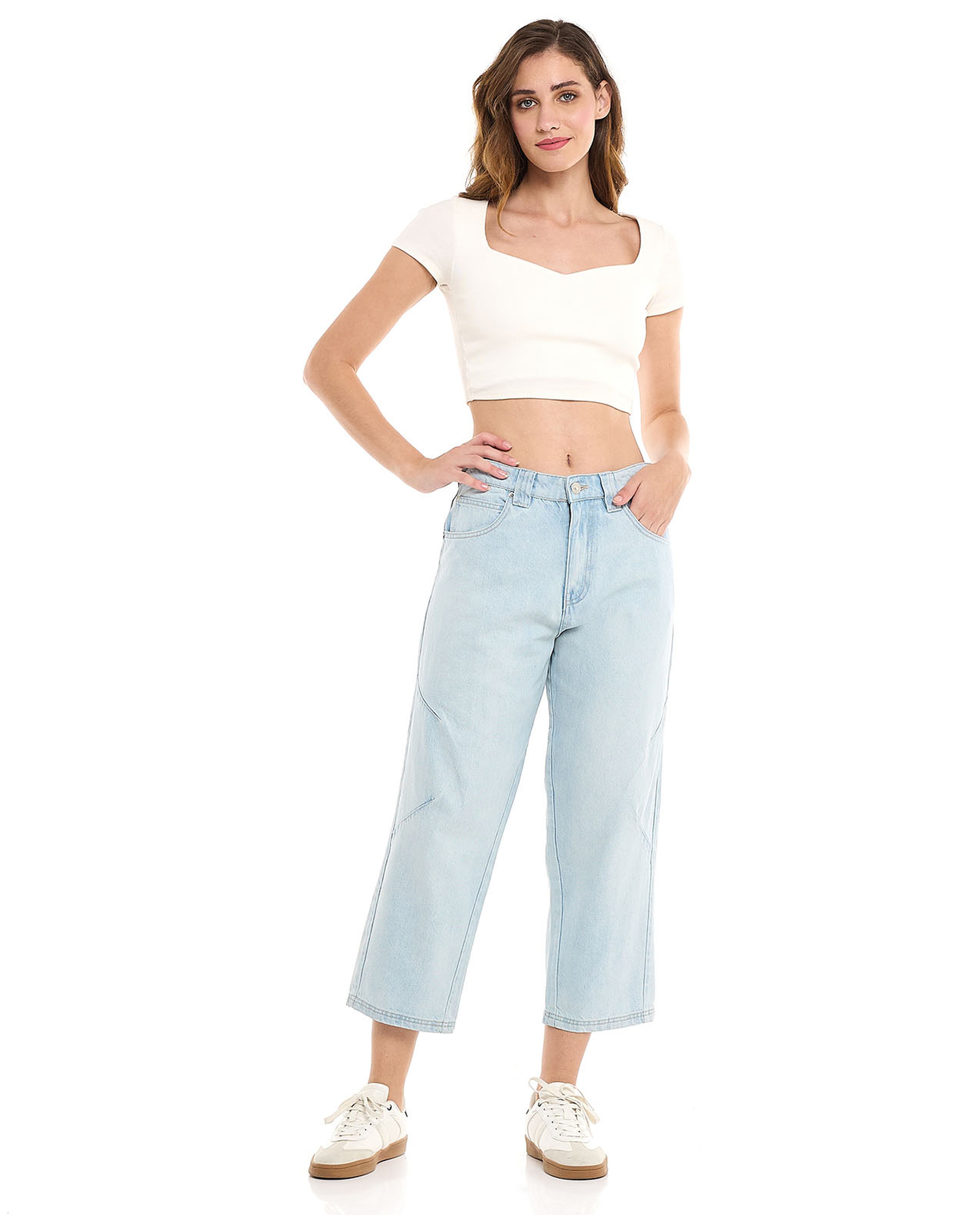 Faded Cropped Jeans with Button Closure