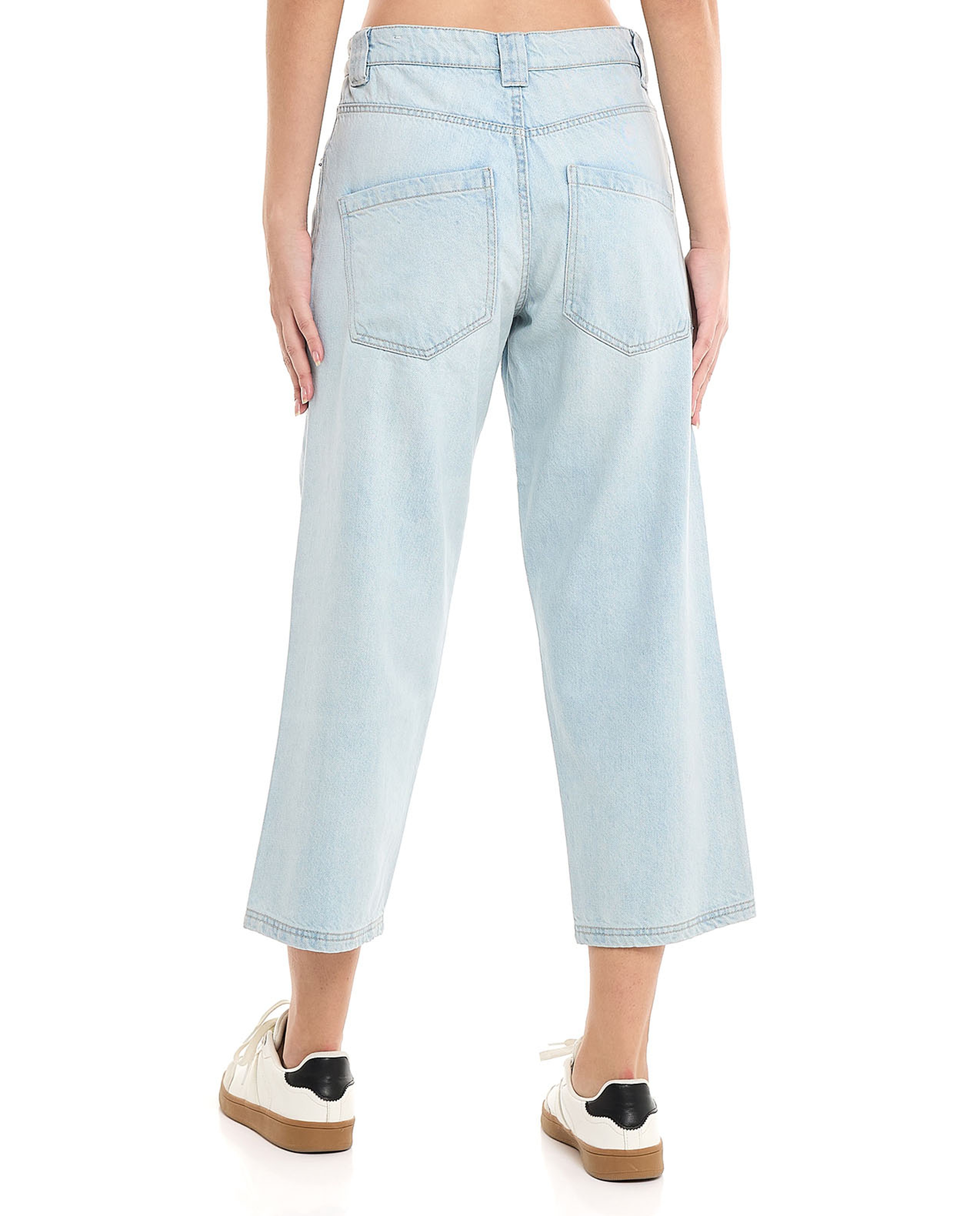 Faded Cropped Jeans with Button Closure
