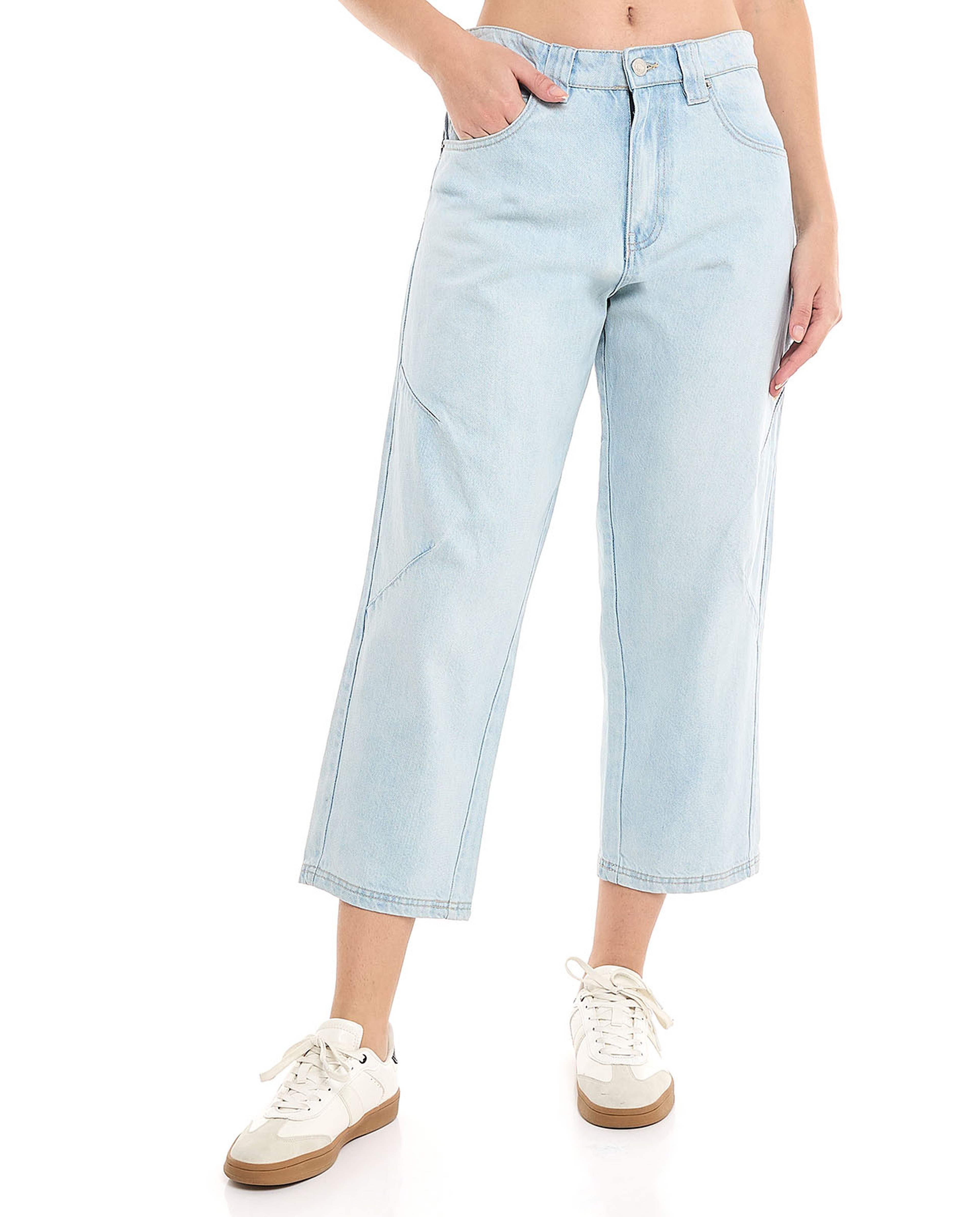 Faded Cropped Jeans with Button Closure