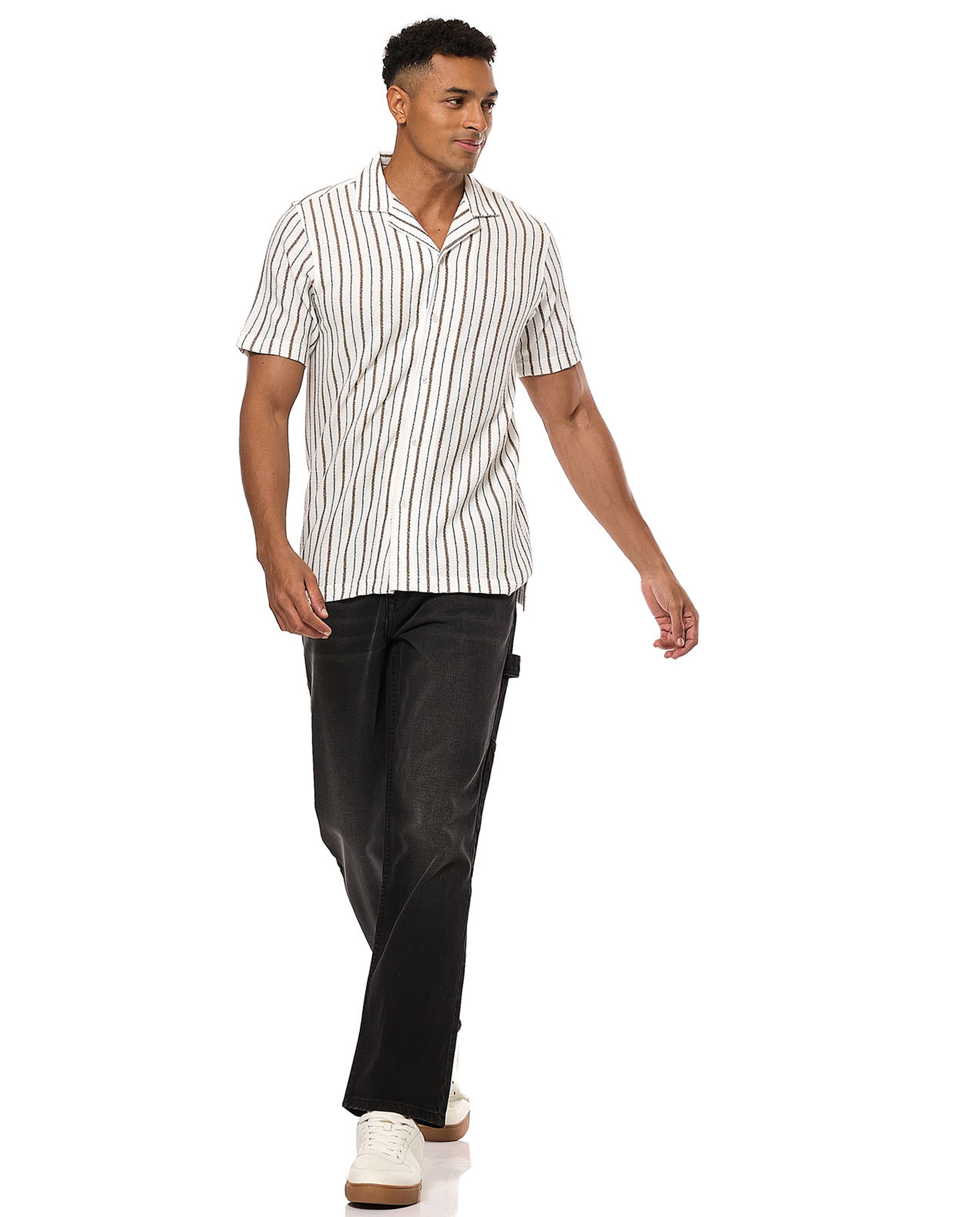 Striped Shirt with Revere Collar and Short Sleeves