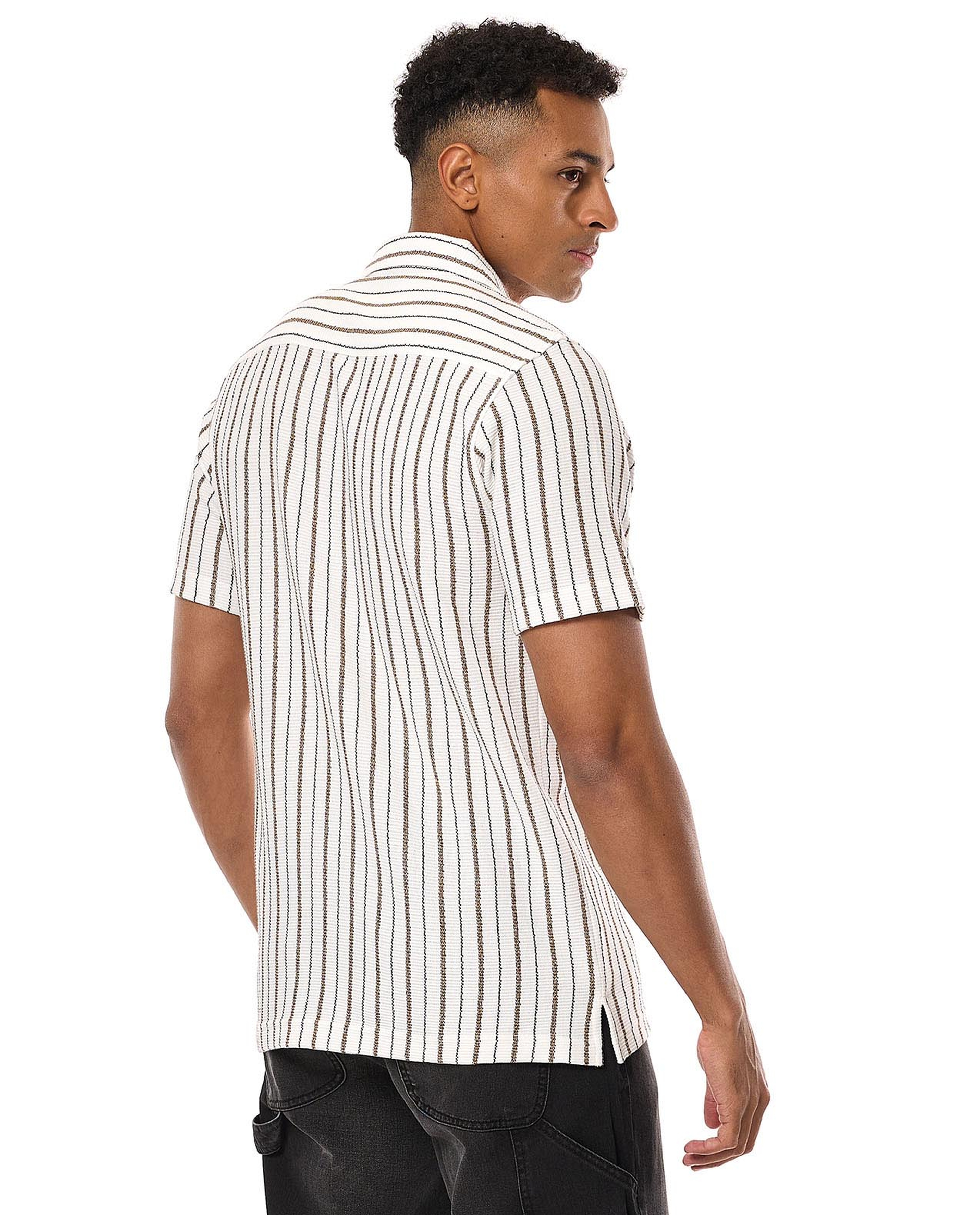 Striped Shirt with Revere Collar and Short Sleeves