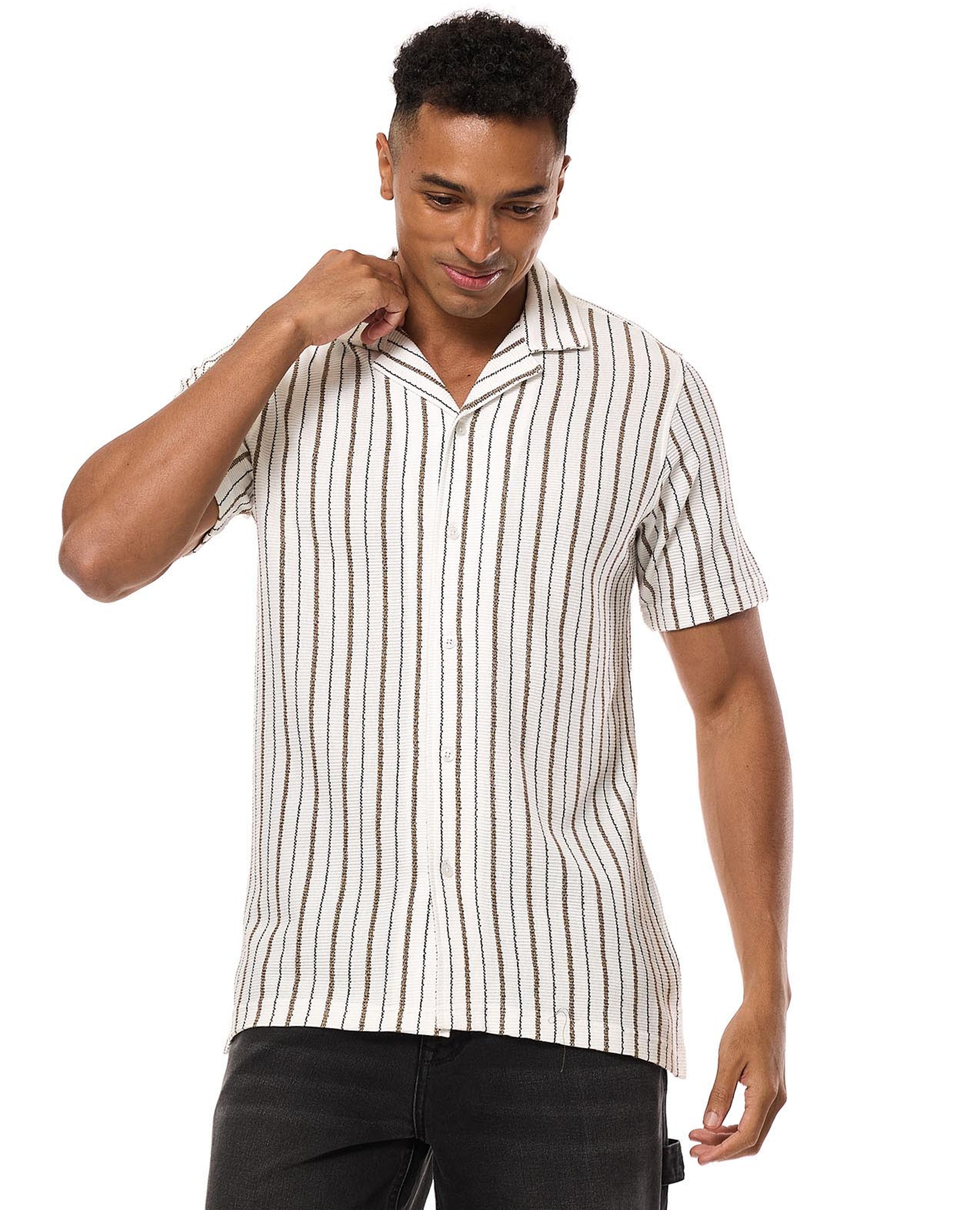 Striped Shirt with Revere Collar and Short Sleeves