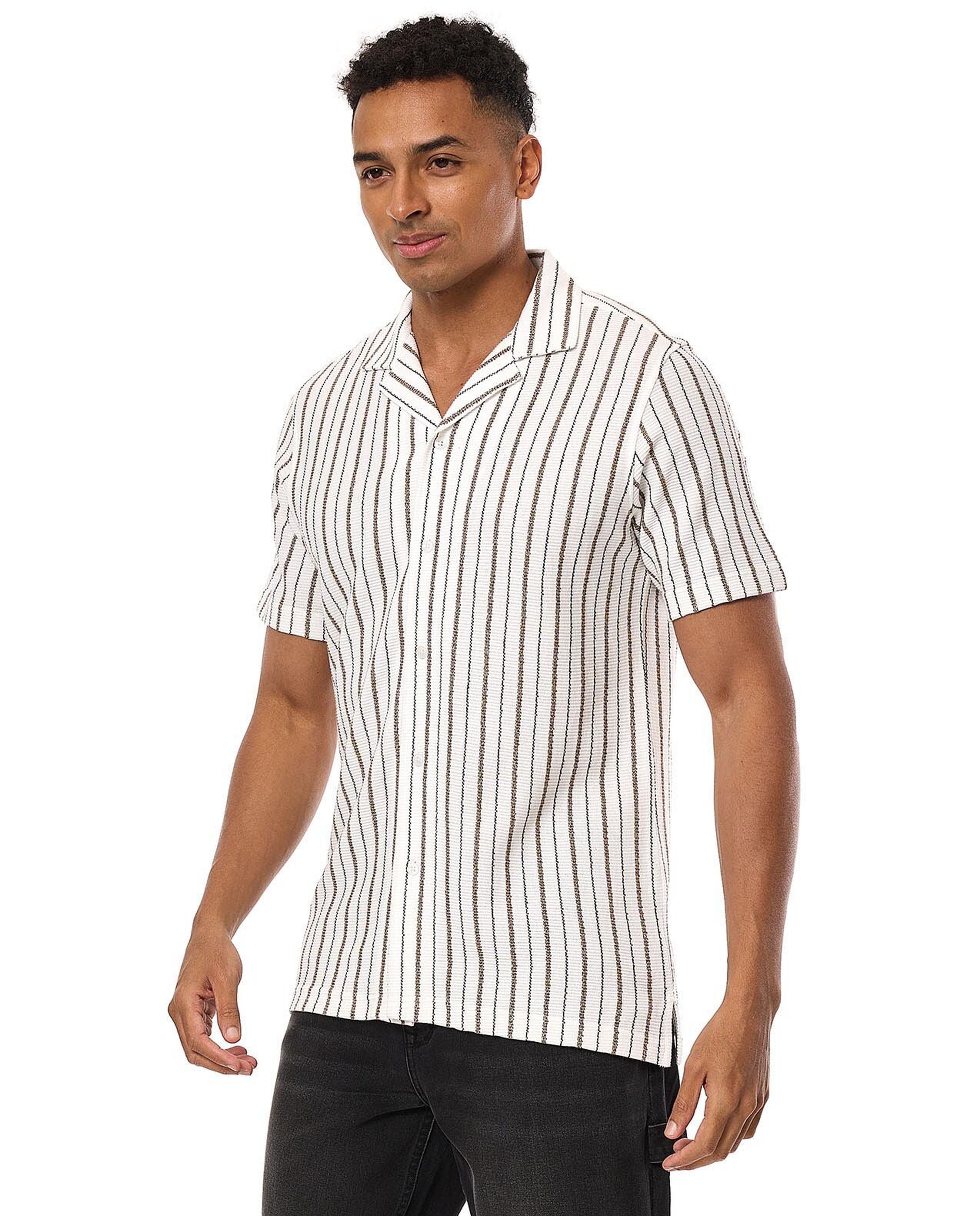 Striped Shirt with Revere Collar and Short Sleeves