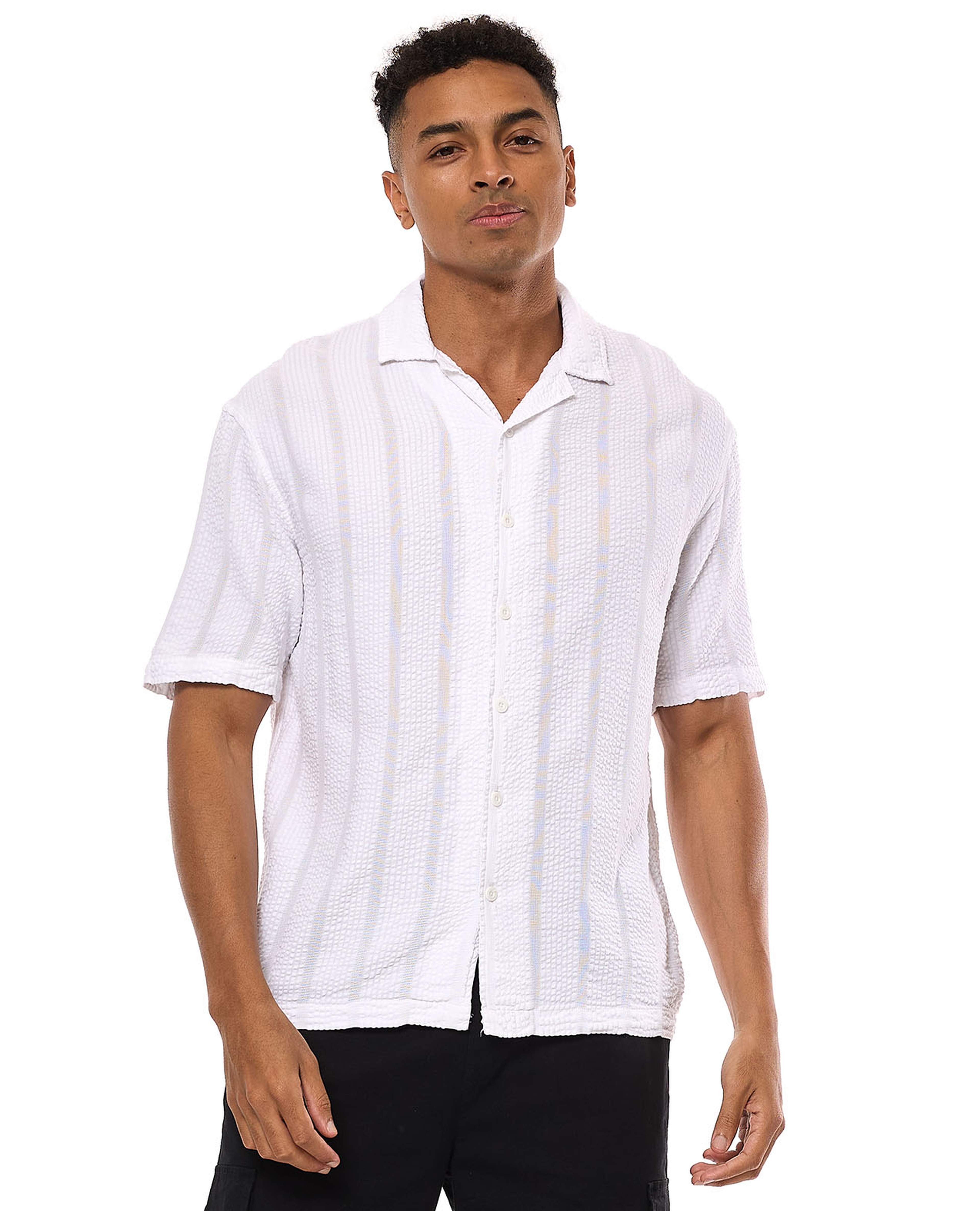 Striped Shirt with Revere Collar and Short Sleeves
