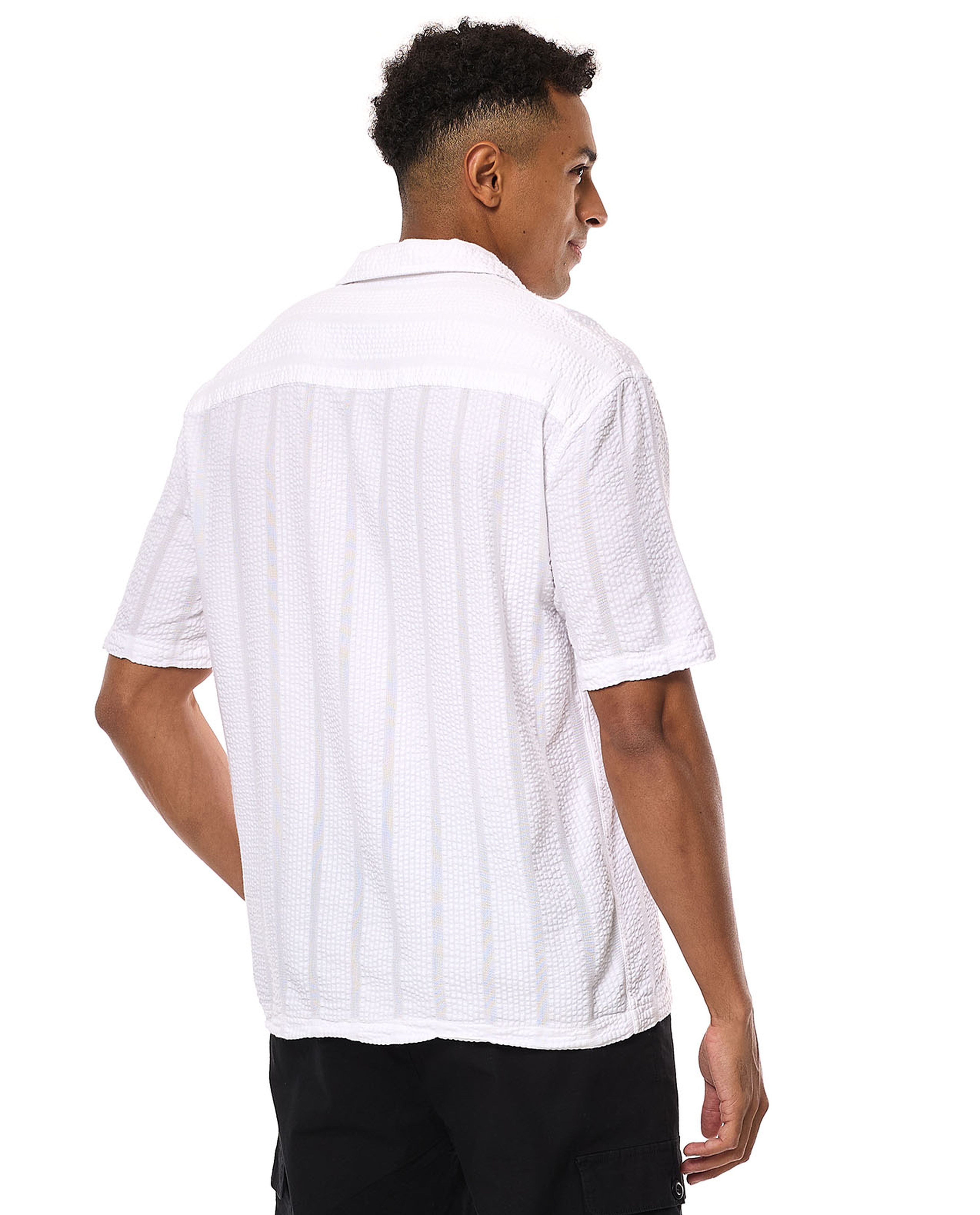 Striped Shirt with Revere Collar and Short Sleeves