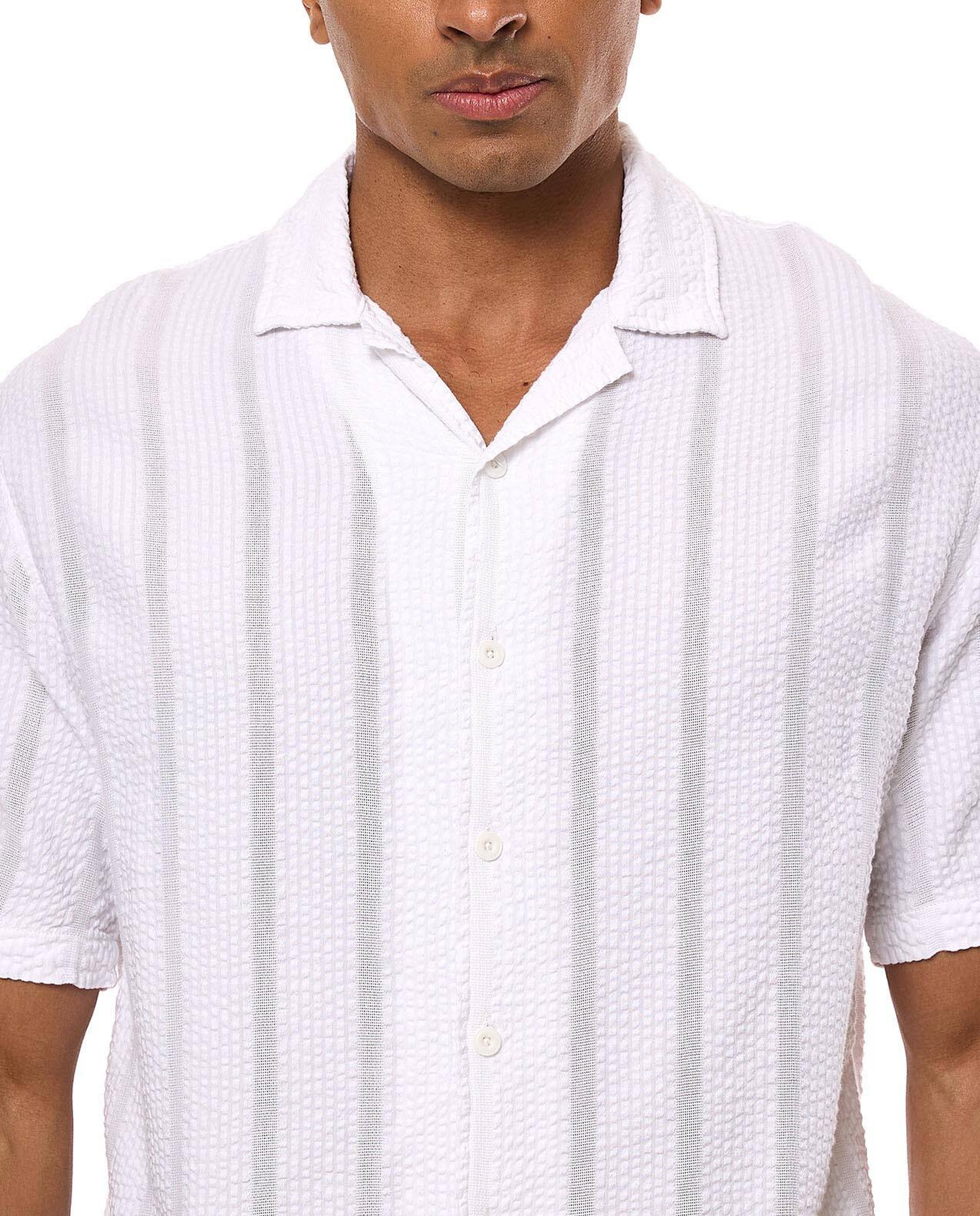 Striped Shirt with Revere Collar and Short Sleeves