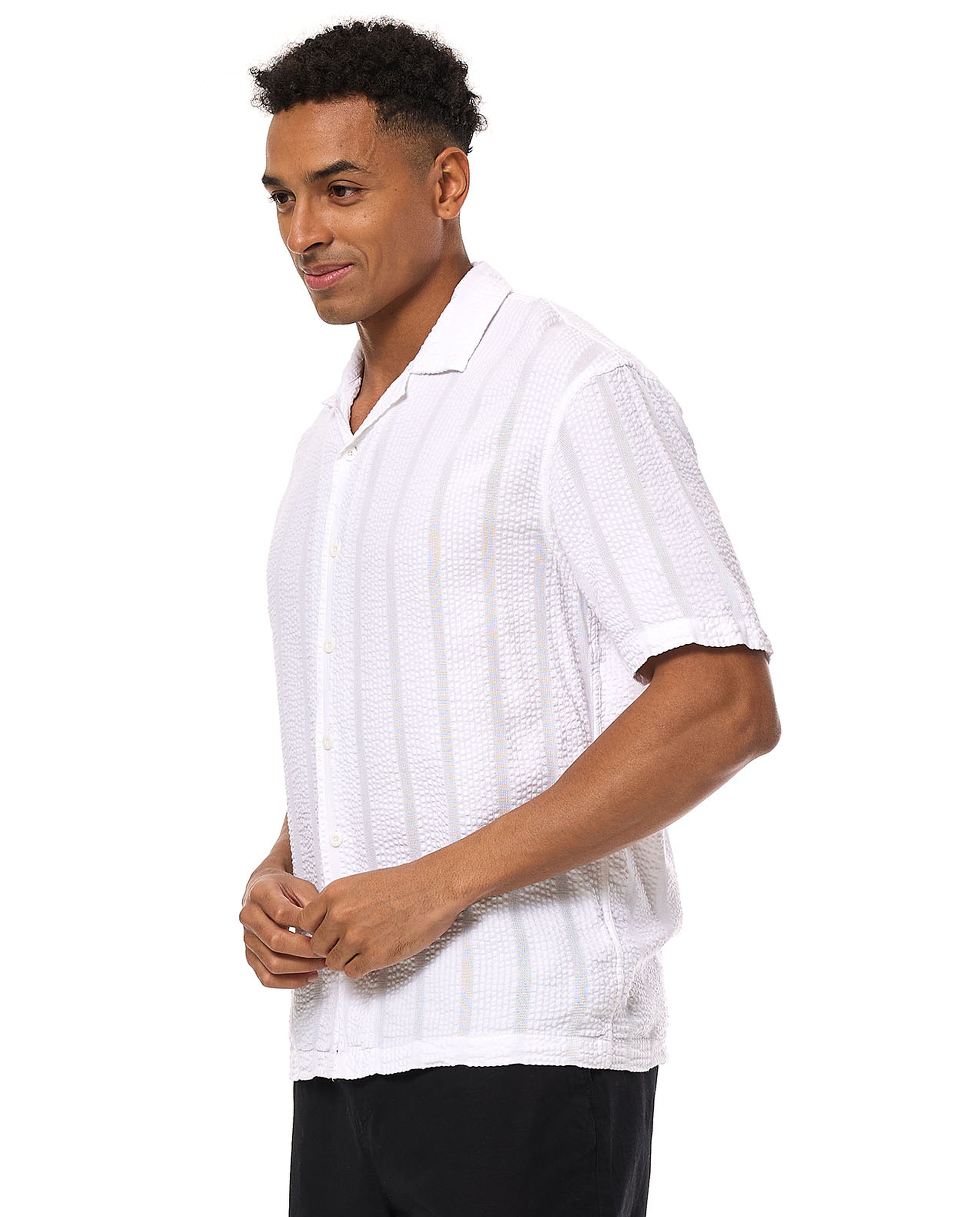 Striped Shirt with Revere Collar and Short Sleeves