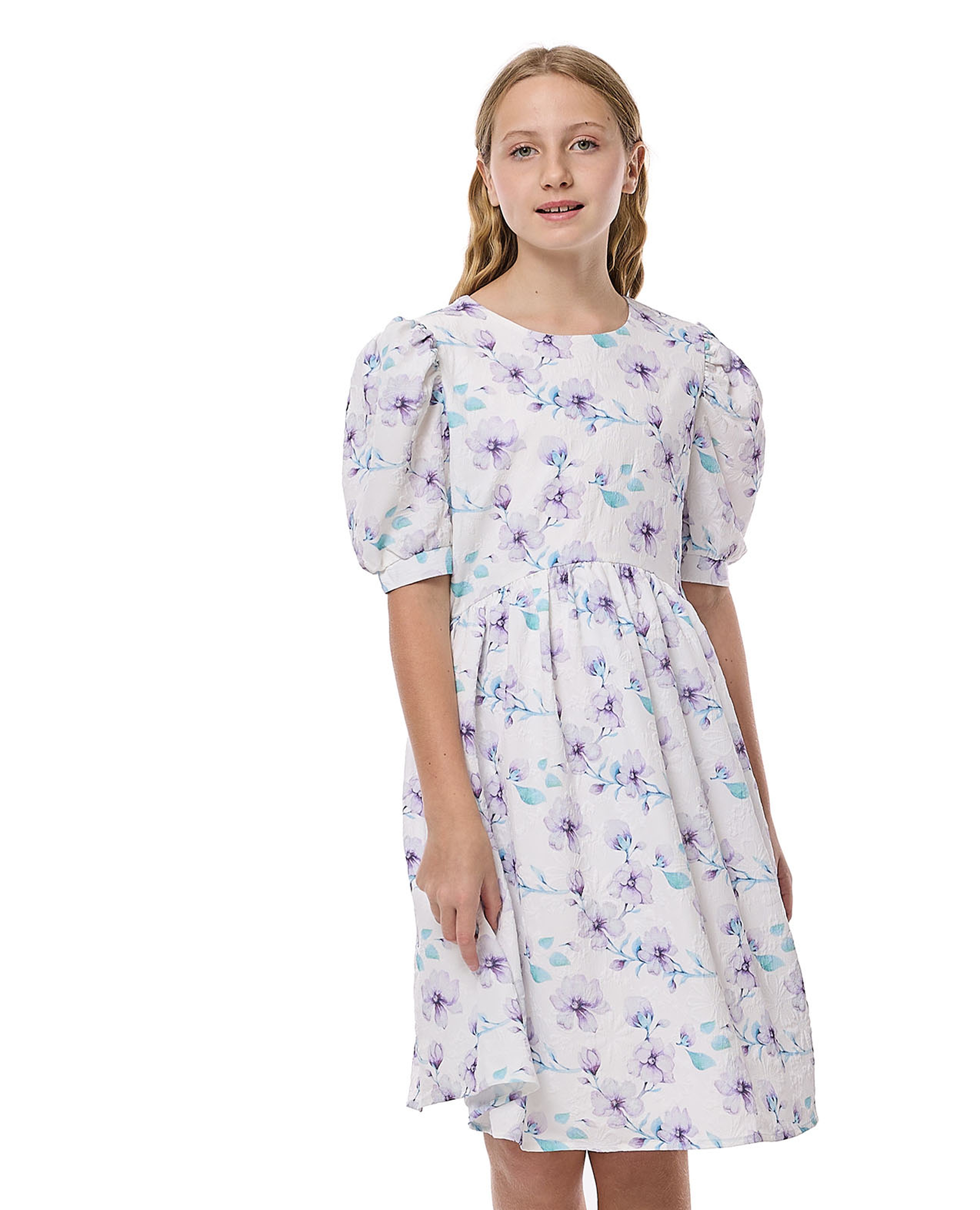 Floral Print Fit And Flare Dress With Puff Sleeves