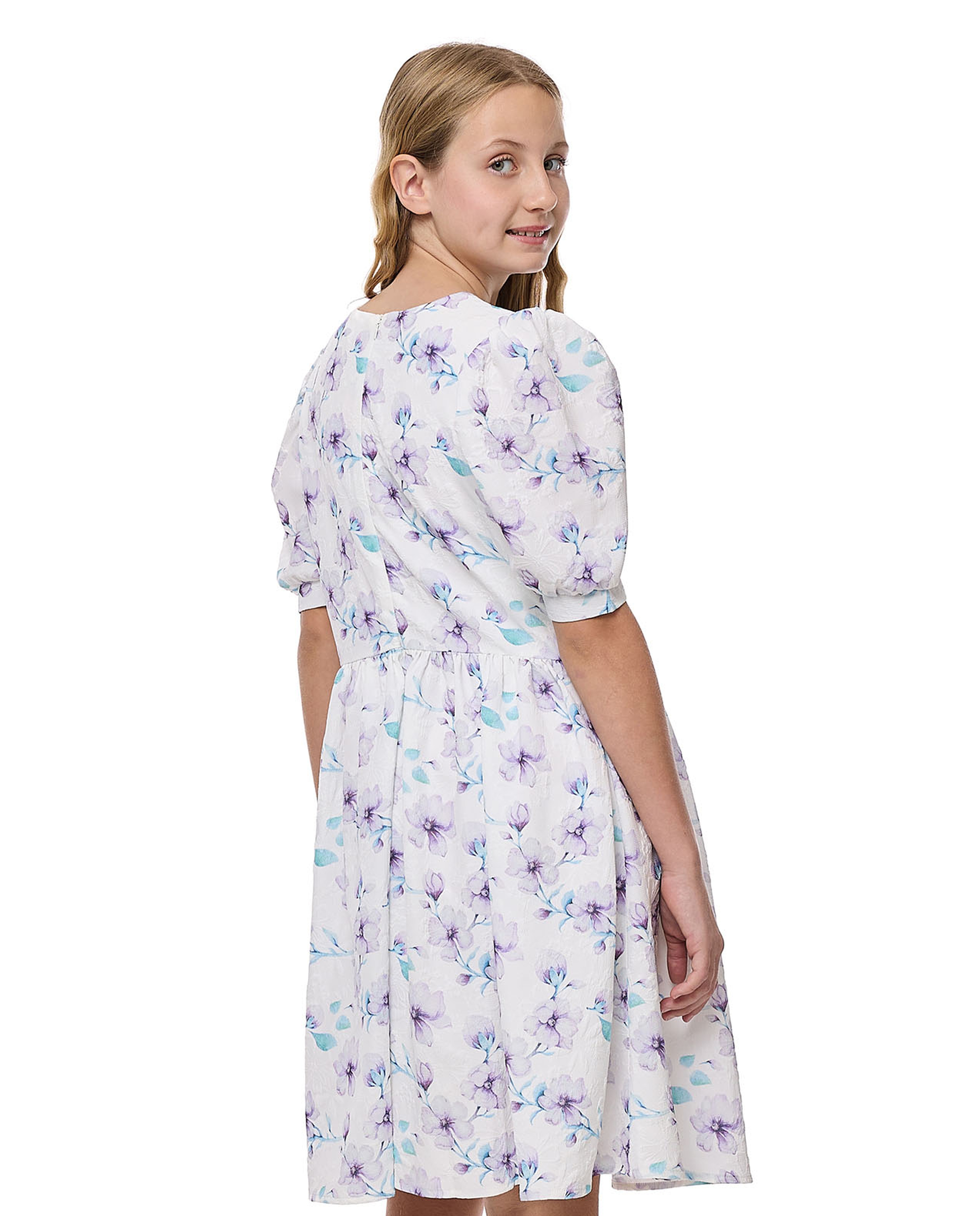 Floral Print Fit And Flare Dress With Puff Sleeves