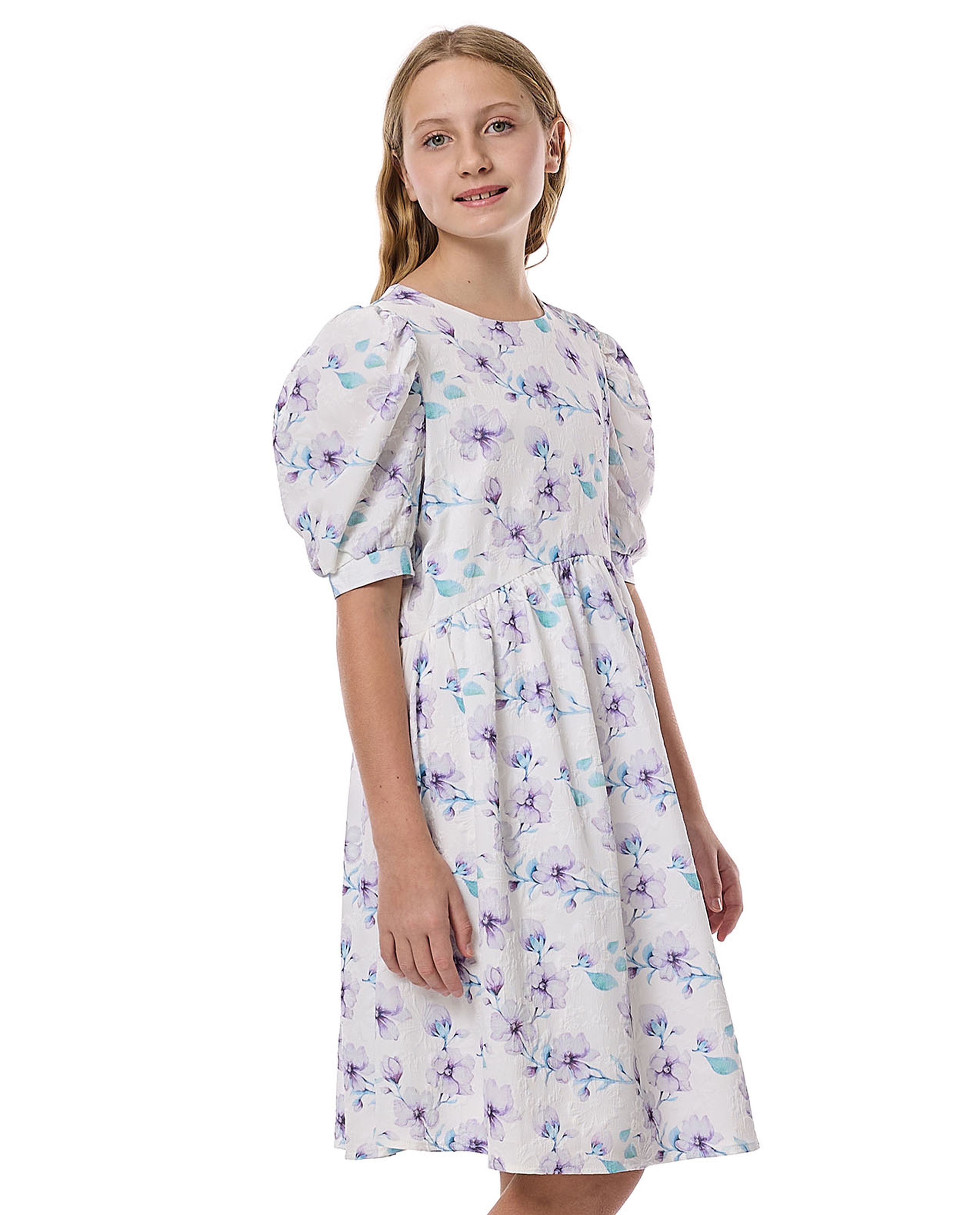 Floral Print Fit And Flare Dress With Puff Sleeves