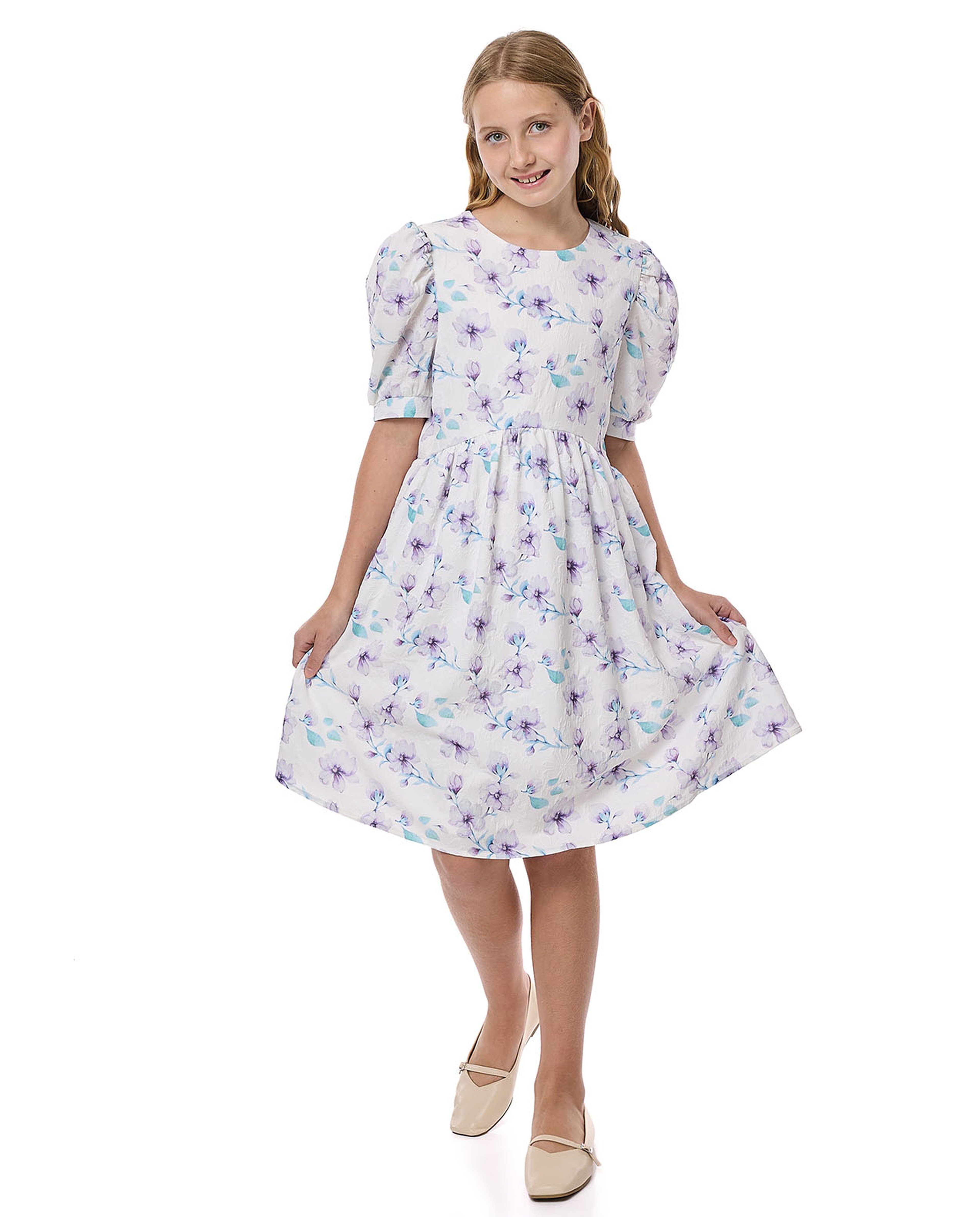 Floral Print Fit And Flare Dress With Puff Sleeves