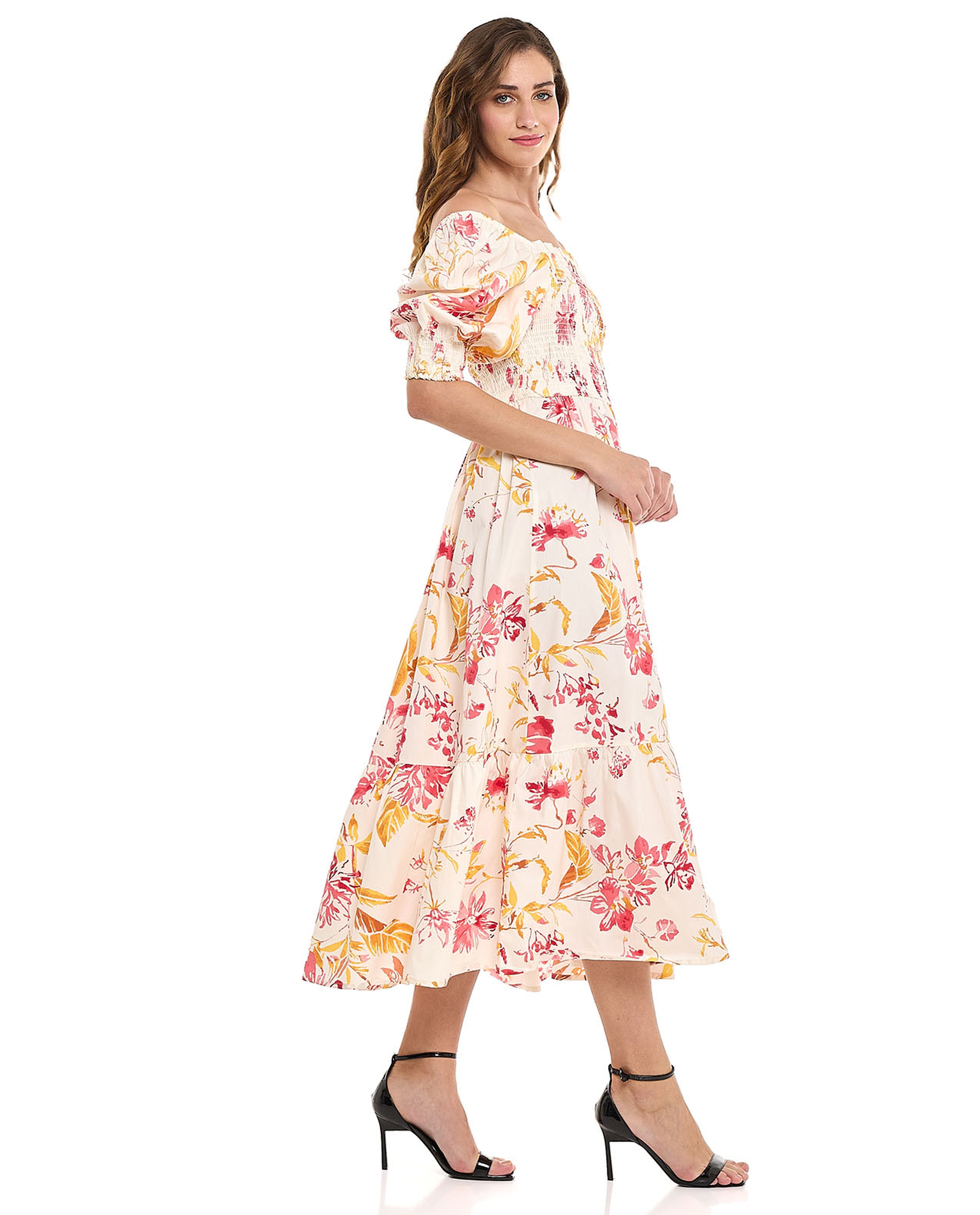 Floral Print Off Shoulder Midi Dress